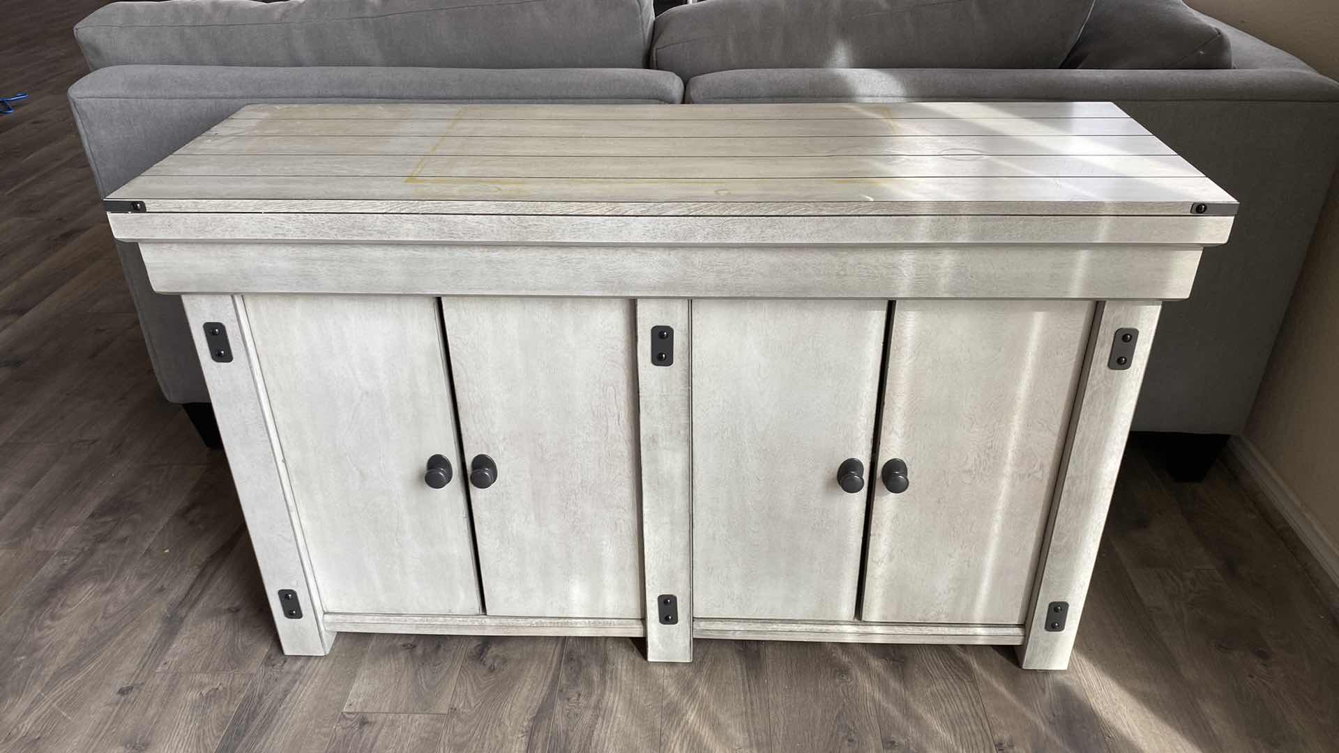 Photo 1 of GRAY WASH LAMINATE SIDEBOARD WITH 4 DOORS, DIVIDER ADJUSTABLE SHELF 50“ x 15 1/2“ H 30”