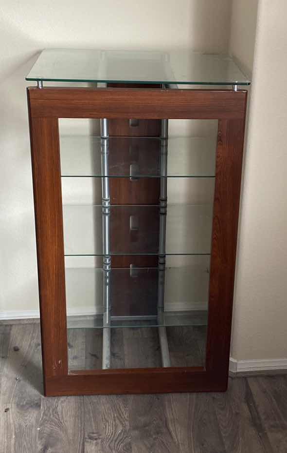 Photo 1 of WOOD AND GLASS 4 SHELF COMPONENT STAND (2 AVAILABLE AND 1 TV STAND ALL SOLD SEPARATELY) 27“ x 22“ H 46”