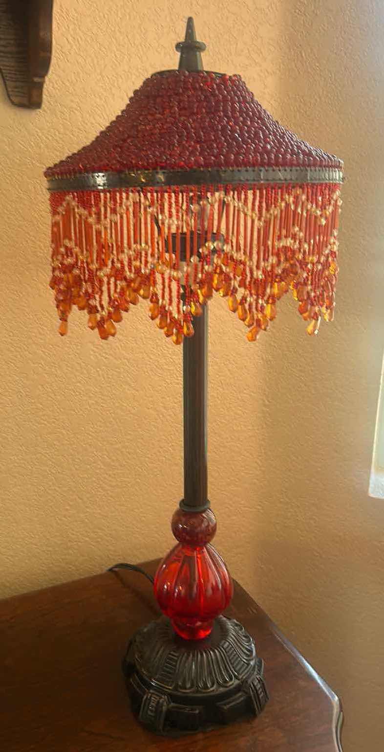 Photo 1 of RED BEADED GLASS TABLE LAMP H24”