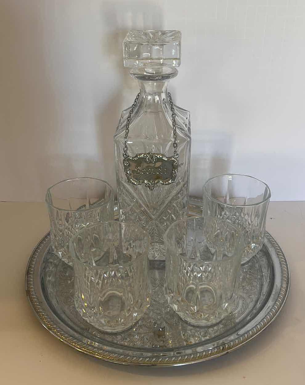 Photo 1 of CRYSTAL DECANTER ABD 4 CRYSTAL GLASSES WITH SILVER TRAY AND SCOTCH LABEL