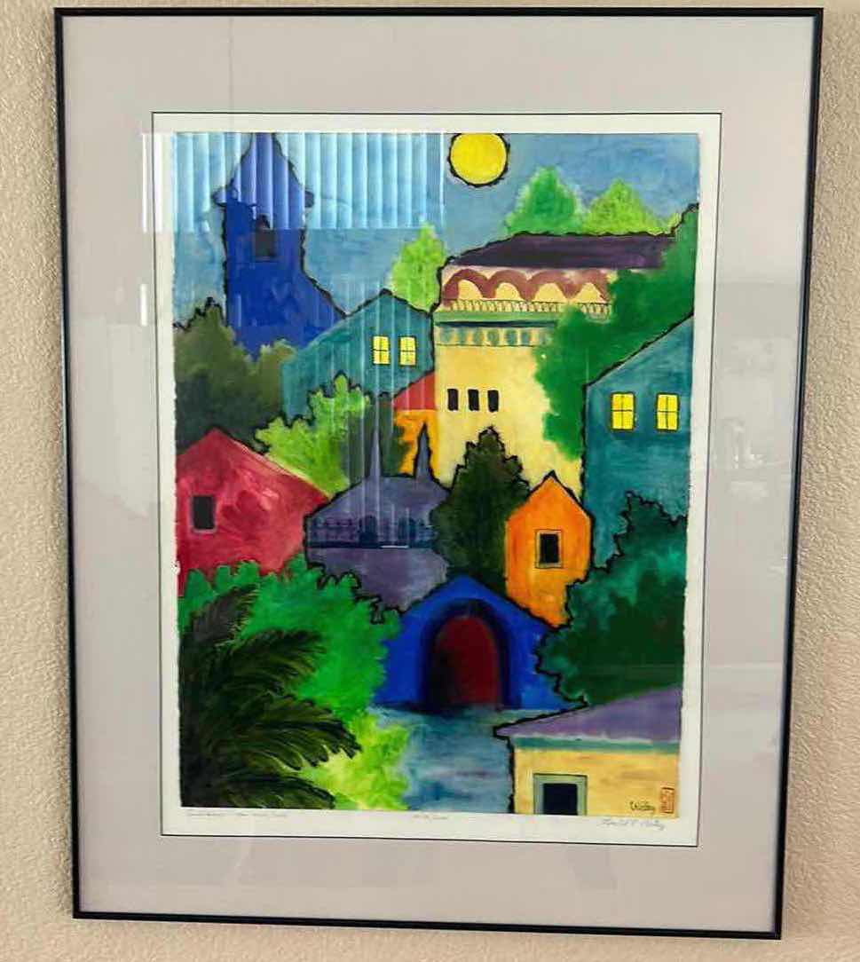 Photo 1 of “BUILDINGS, TREE AND SUN” HAND SIGNED DAVID P WILEY FRAMED ARTWORK 32” x 41”