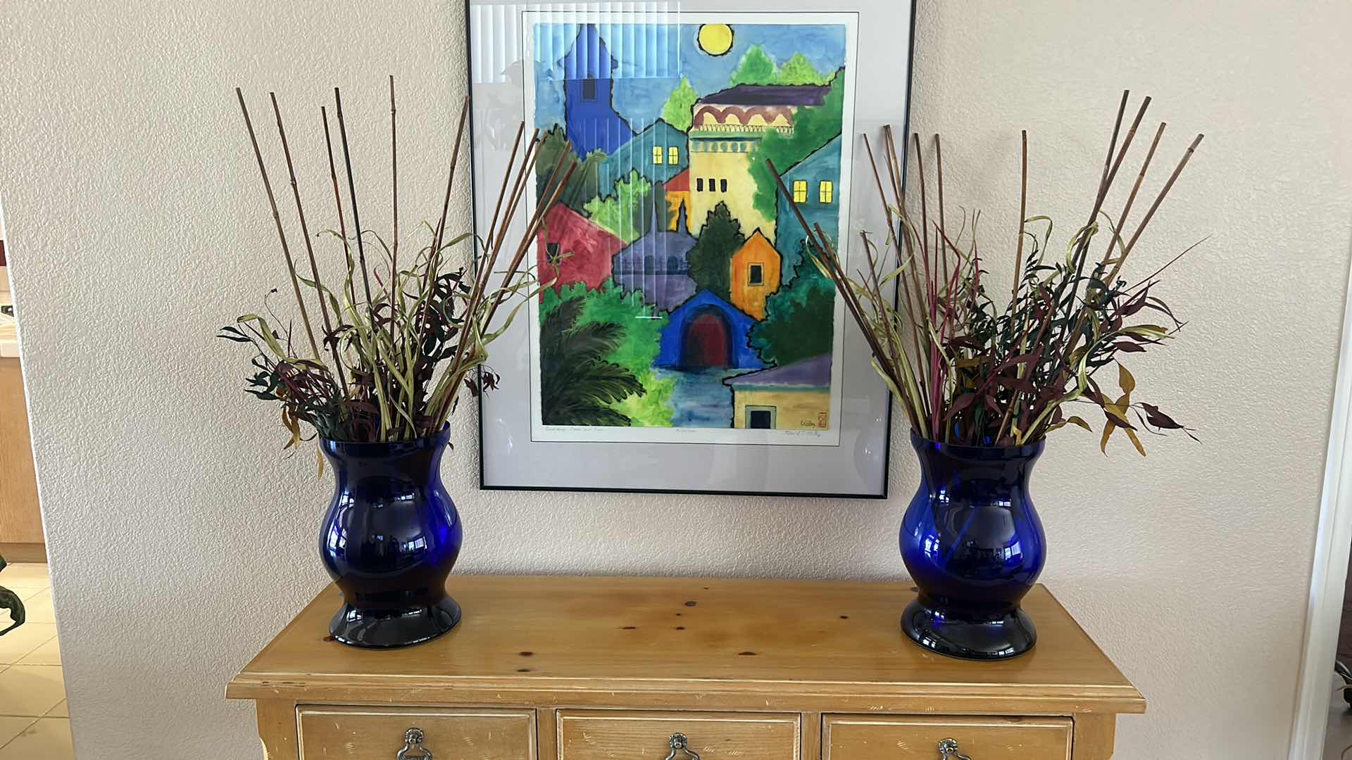 Photo 6 of 2 BLUE GLASS VASES WITH REEDS HEIGHT VASE 14” 37” WITH REEDS