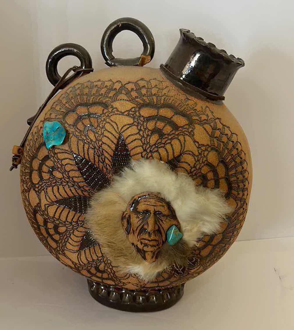 Photo 1 of SIGNED INDIAN ART POTTERY VESSEL WITH TURQUOISE STONED AND FUR 11 and half inches by 14 inches