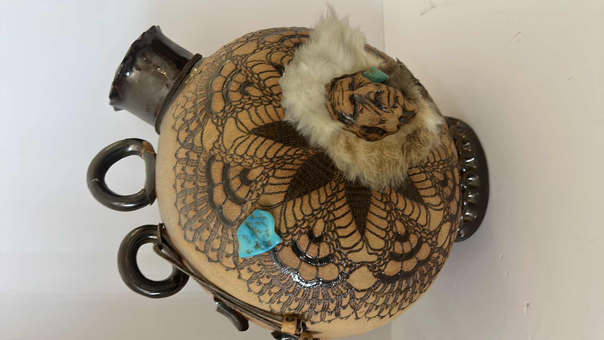 Photo 4 of SIGNED INDIAN ART POTTERY VESSEL WITH TURQUOISE STONED AND FUR 11 and half inches by 14 inches
