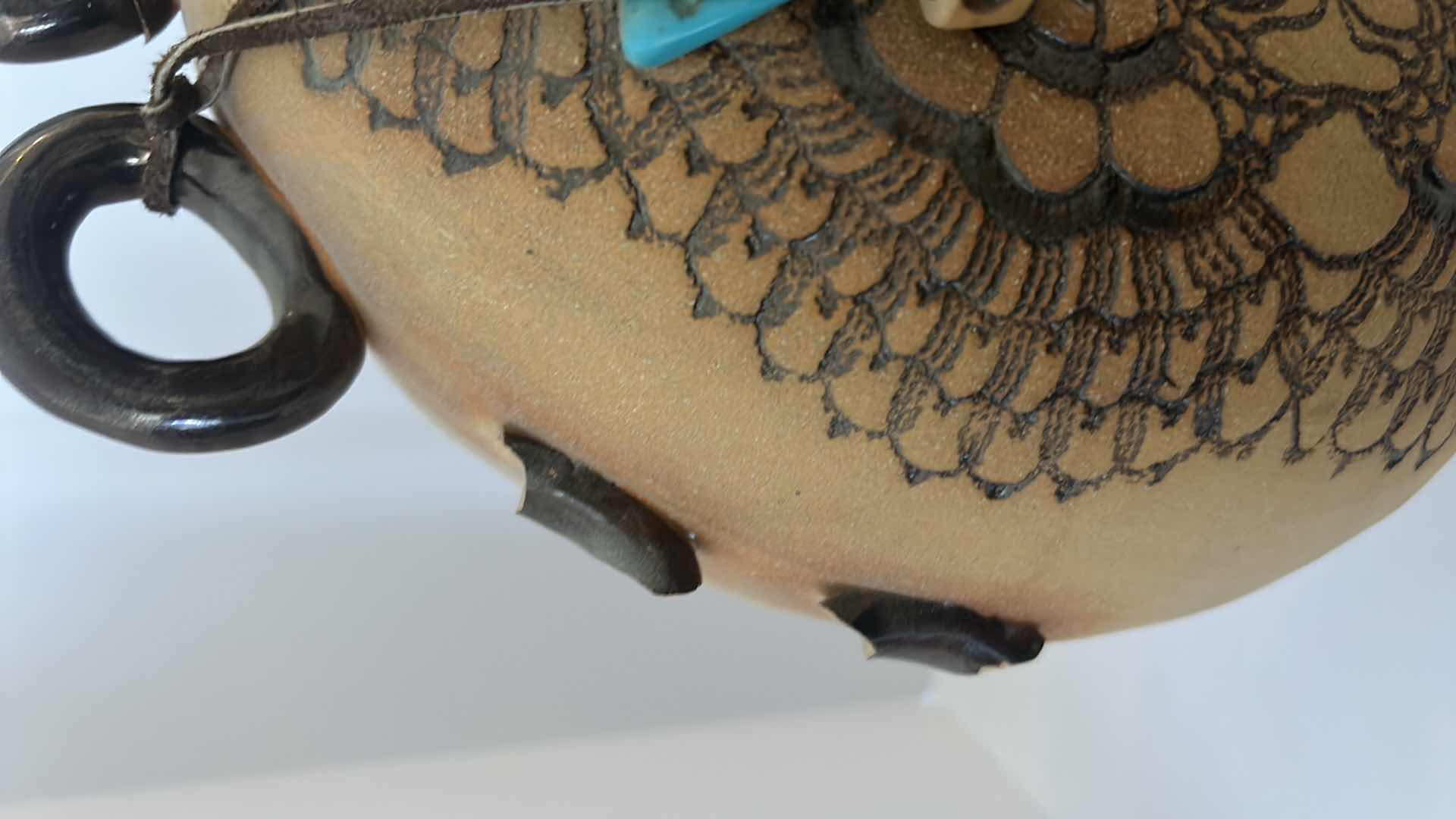 Photo 8 of SIGNED INDIAN ART POTTERY VESSEL WITH TURQUOISE STONED AND FUR 11 and half inches by 14 inches