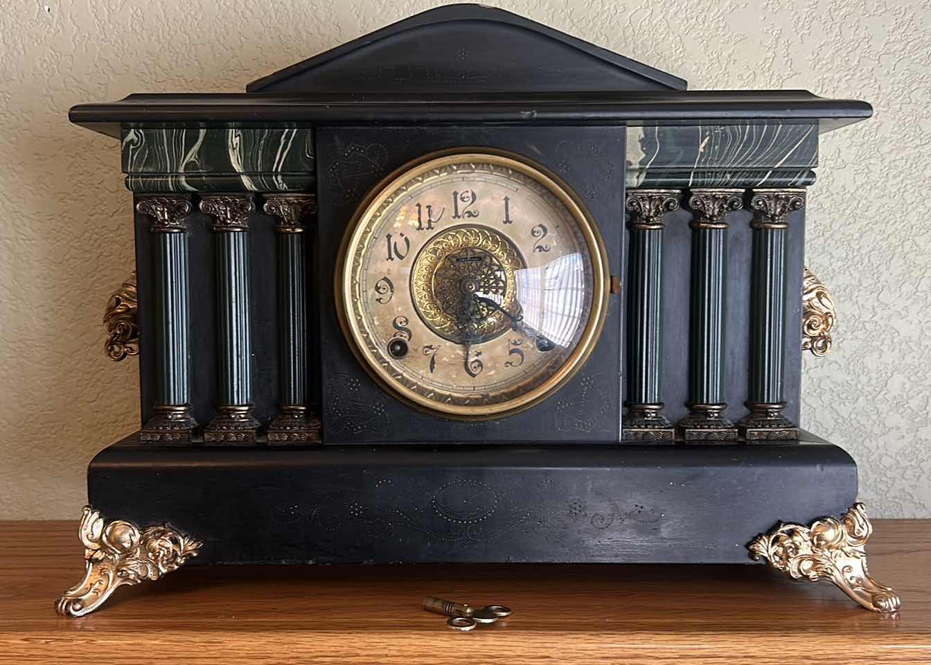 Photo 1 of VINTAGE MANTLE CLOCK WITH KEY 
17” x 12 1/2”