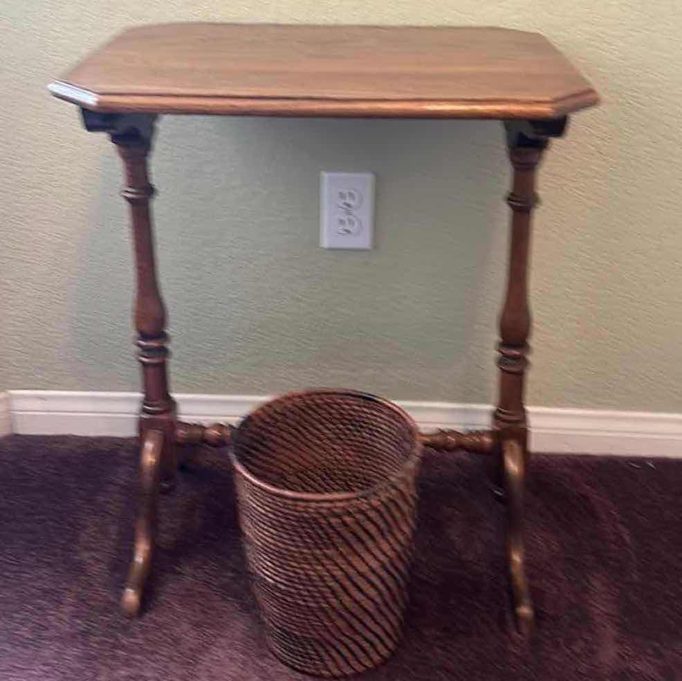 Photo 1 of SMALL VINTAGE TABLE AND WOVEN BASKET 20” x 16” x 24 3/4”