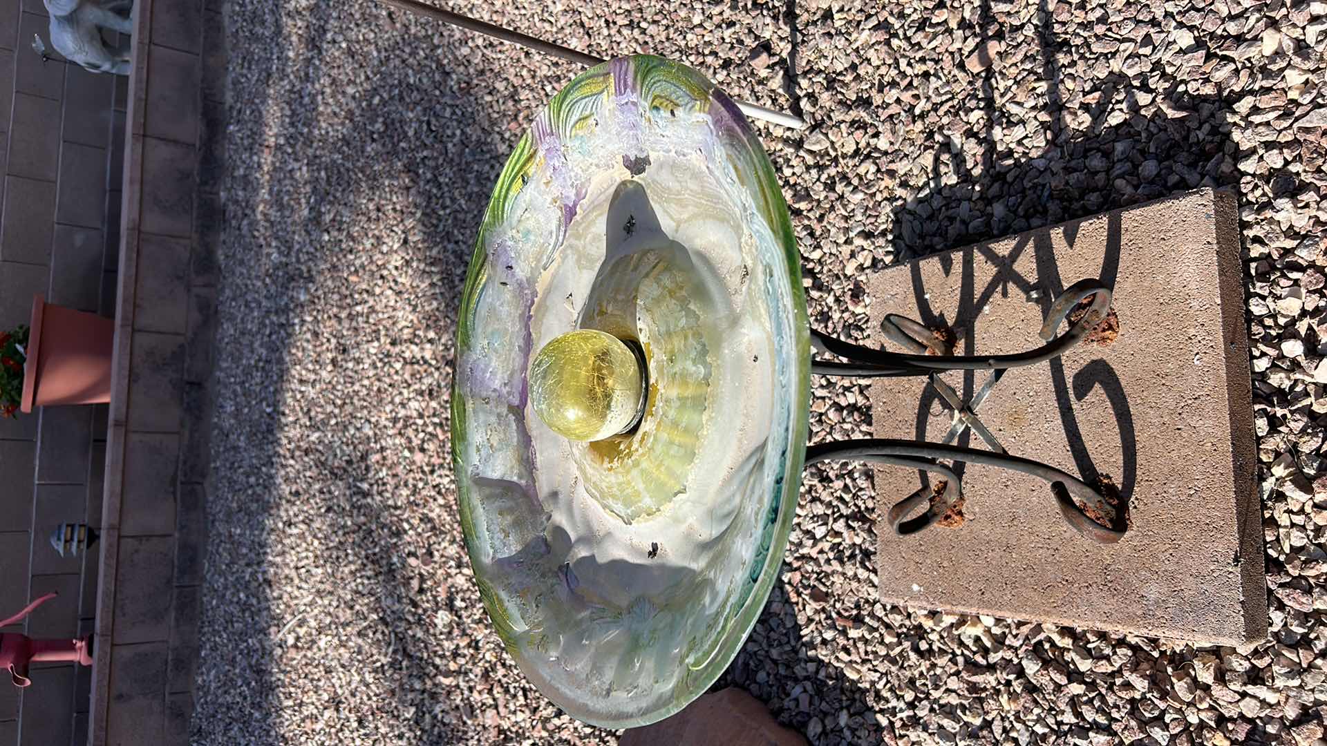 Photo 1 of GLASS BIRDBATH ON METAL STAND 18” x 2’