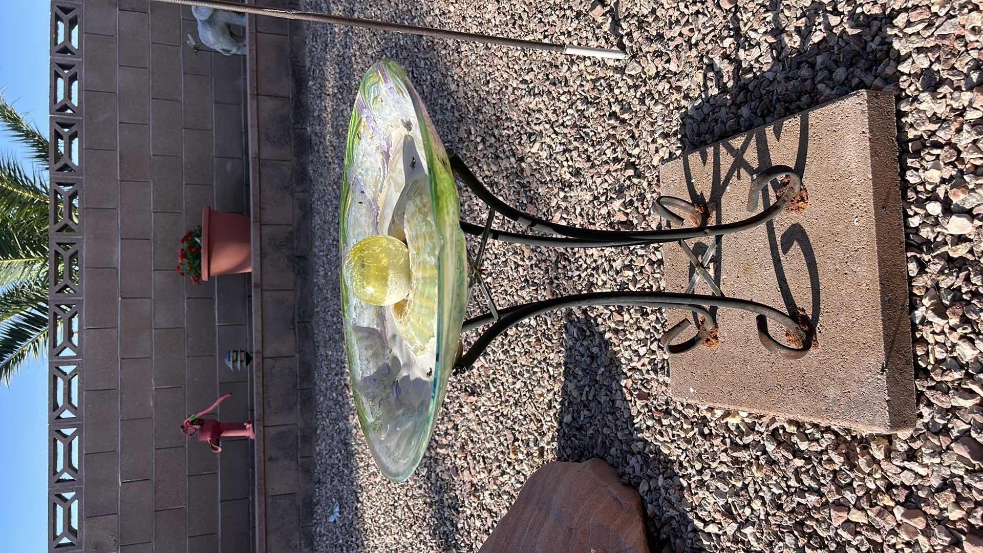 Photo 1 of GLASS BIRDBATH ON METAL STAND 18” x 2’