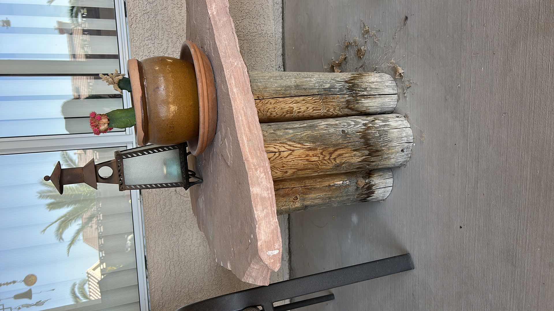 Photo 1 of OUTDOOR/ HANDCRAFTED TABLE, 2 CHAIRS, LANTERN AND POTTED CACY