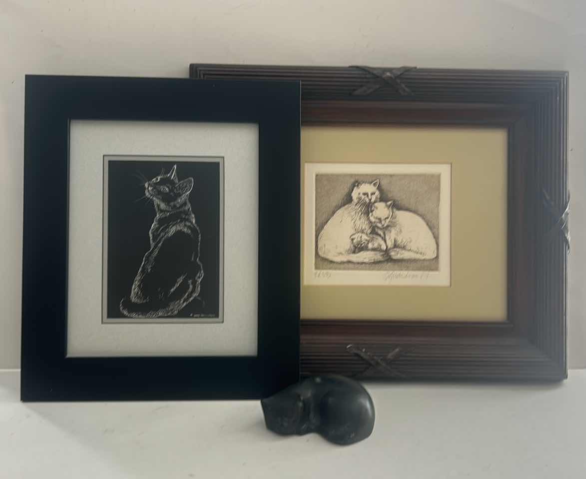 Photo 1 of 3 PC CAT DECOR, FRAMED CAT ARTWORK, 1 SIGNED AND NUMBERED  11 1/2” x H13”, STONE CAT FIGURINE