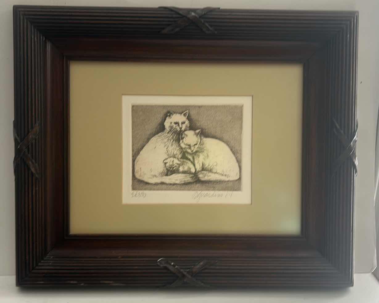 Photo 4 of 3 PC CAT DECOR, FRAMED CAT ARTWORK, 1 SIGNED AND NUMBERED  11 1/2” x H13”, STONE CAT FIGURINE