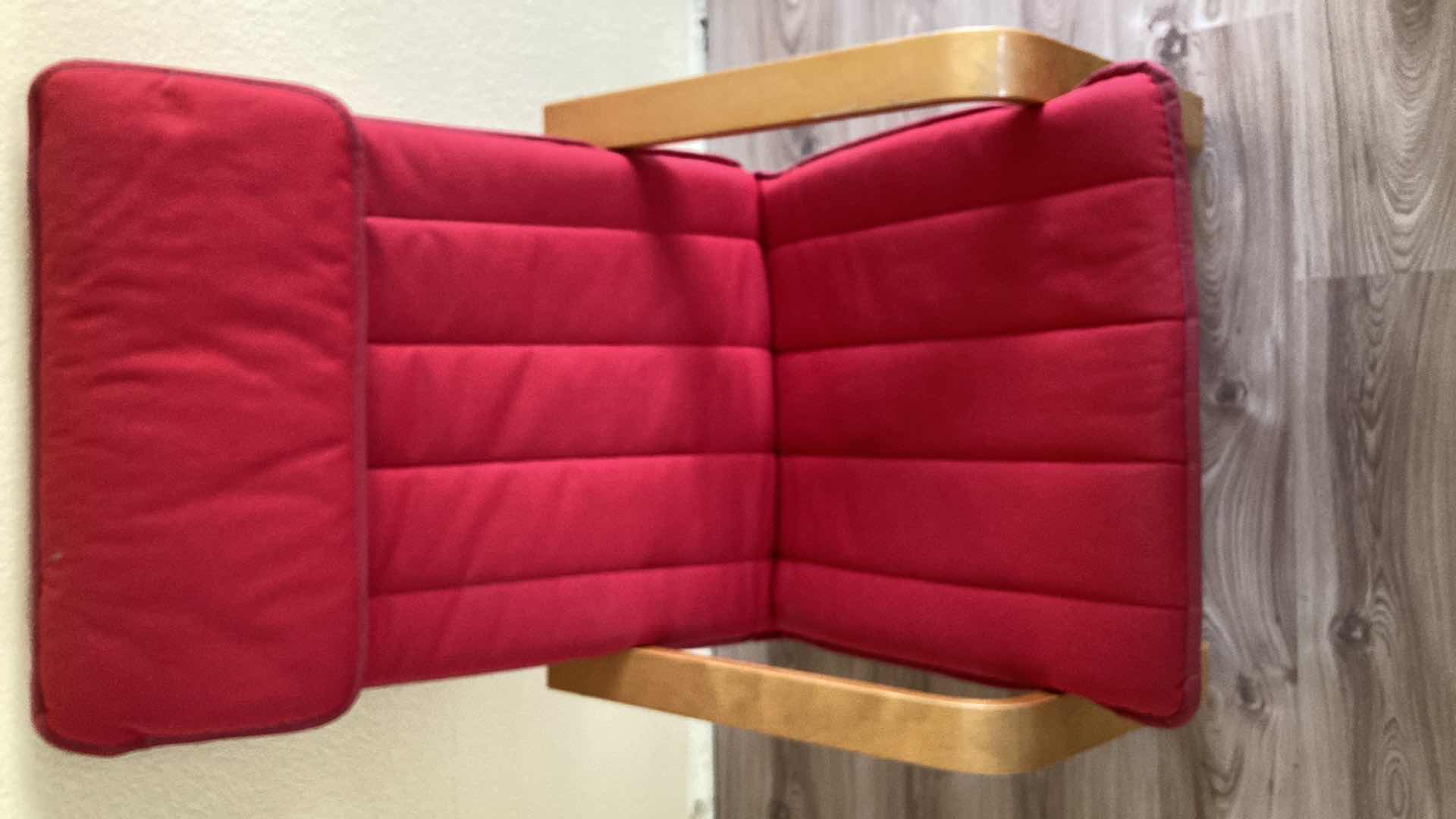 Photo 2 of IKEA POANG ARM CHAIR W RED CUSHION 26.75” X 32.25” H40”