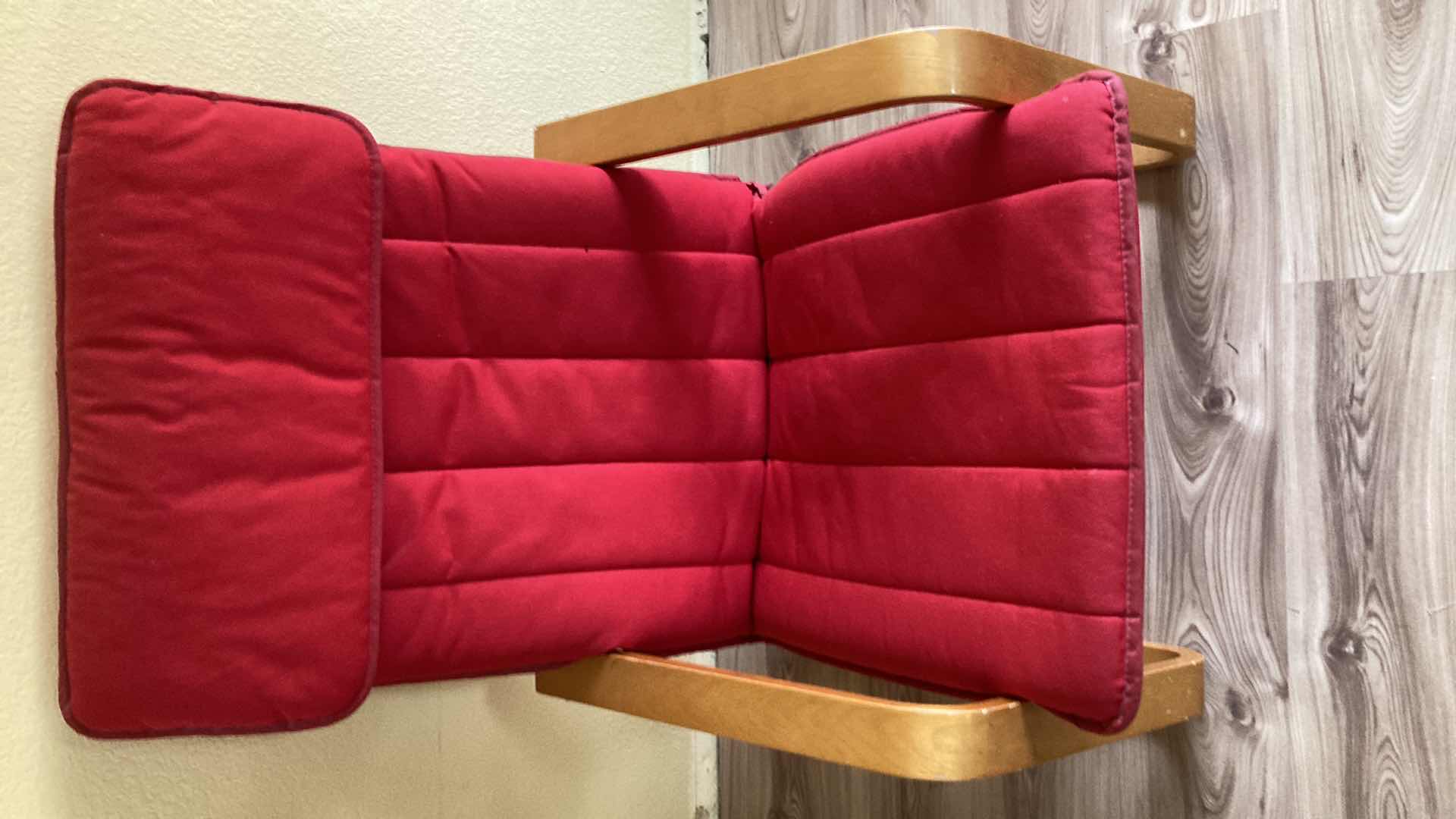 Photo 2 of IKEA POANG ARM CHAIR W RED CUSHION 26.75” X 32.25” H40”