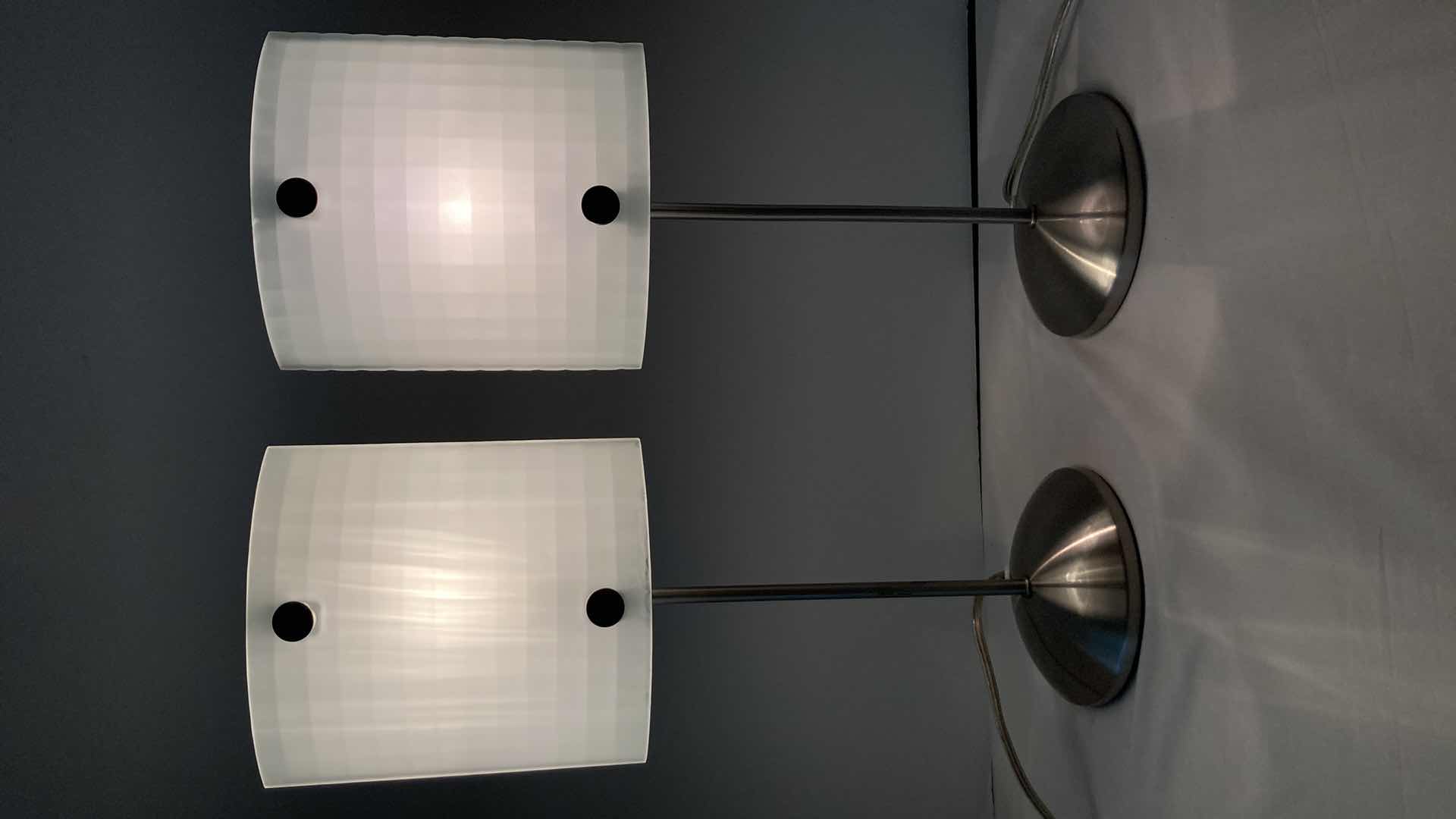 Photo 1 of TING SHEN STAINLESS STEEL GLASS SHADE TABLE LAMPS (2) MODEL 11238-175 7.5” X 18.25”