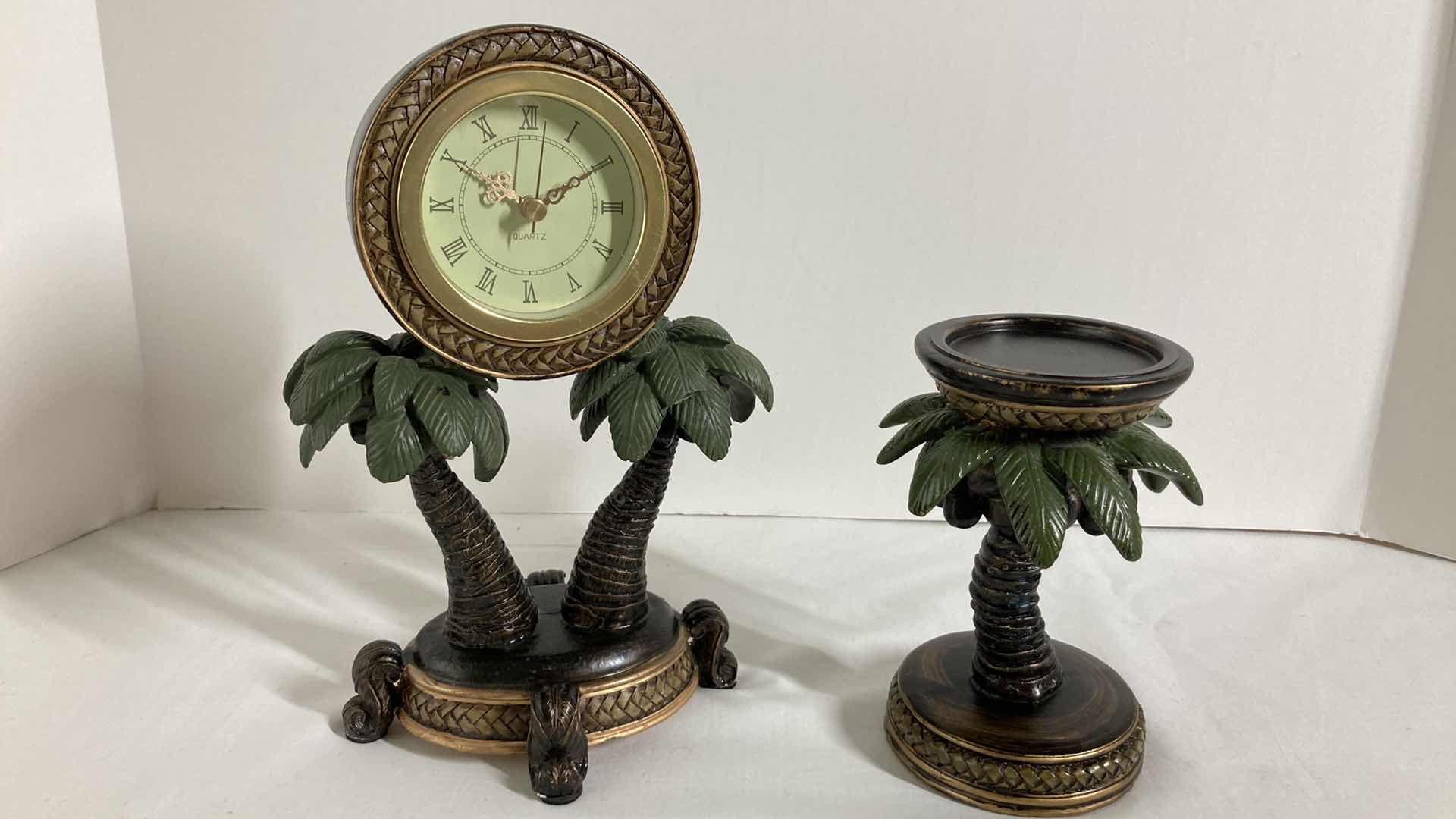 Photo 1 of PALM TREE CERAMIC TABLE CLOCK 6.5” X 9.5” & PALM TREE CERAMIC CANDLE HOLDER 4.25 X 6”