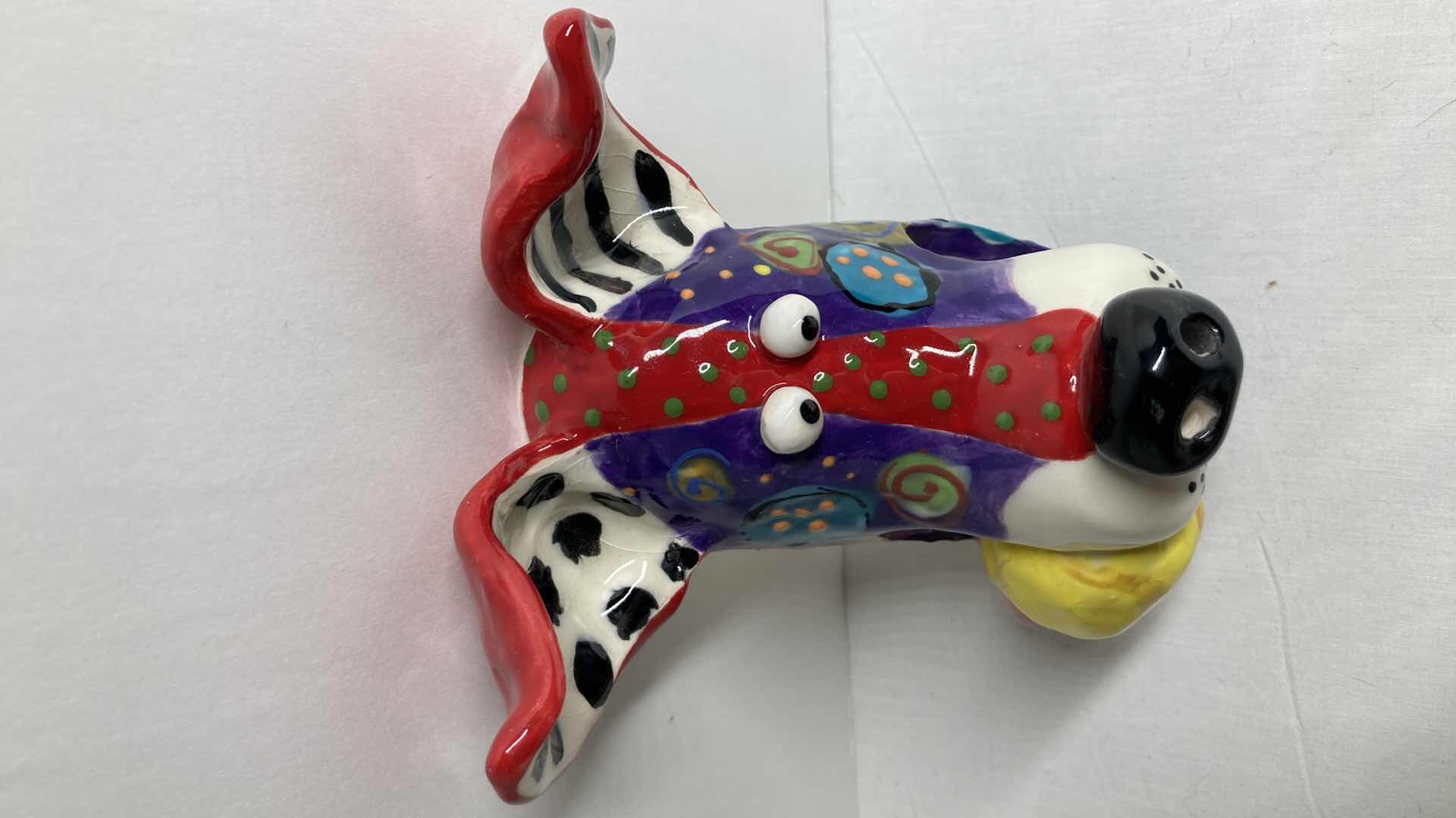 Photo 4 of ABSTRACT MULTI COLOR CERAMIC DOG MASK BALL 11/04 BY DOTTIE DRACOS 5” X 6.75”