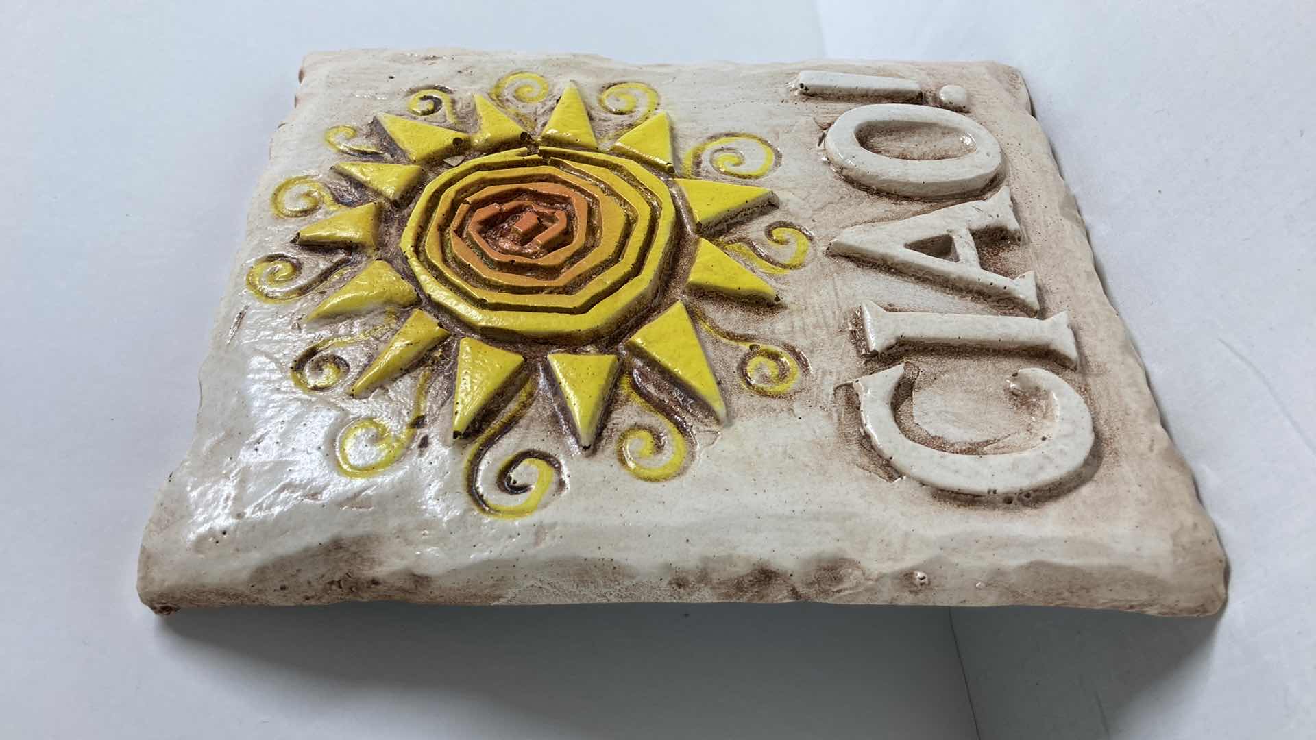 Photo 2 of CIAO! SUN SCULPTED POLY-RESIN WALL PLAQUE 
BY AL PISANO 7.25” X 8.75”