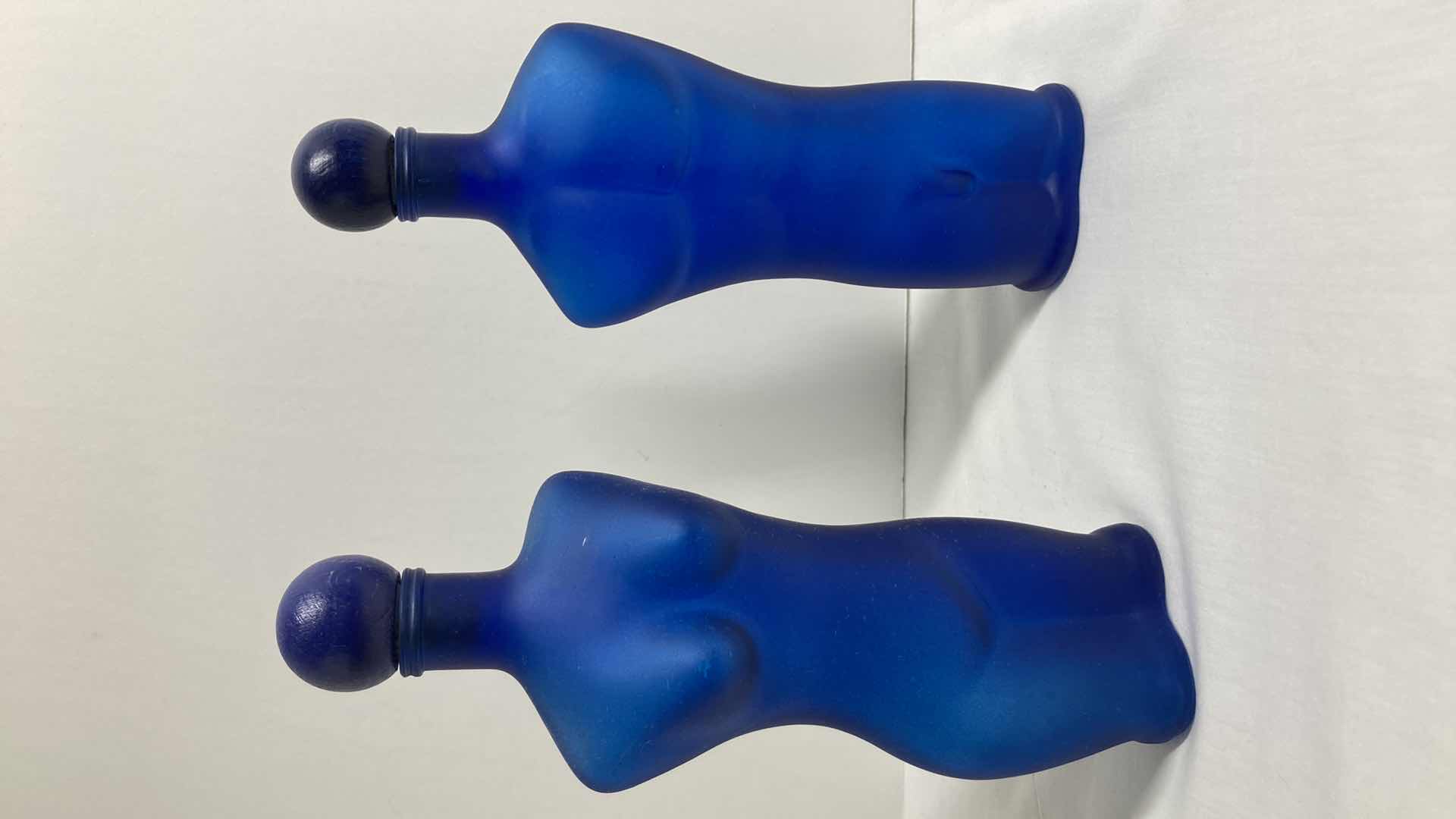 Photo 1 of MALE & FEMALE BODY BLUE FROSTED GLASS DECANTERS (2) 3” X 8.75”