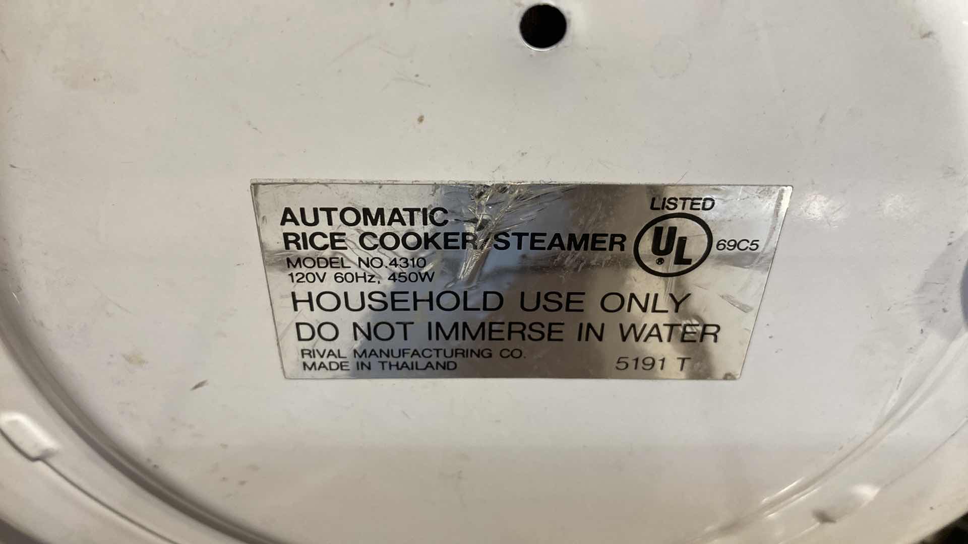 Photo 6 of RIVAL AUTOMATIC RICE COOKER & STEAMER MODEL 4310