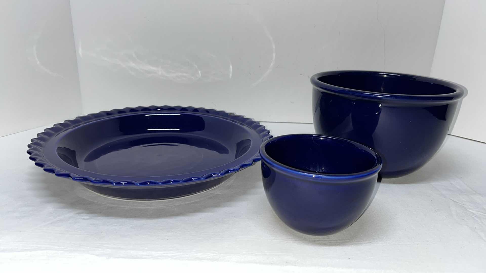 Photo 1 of CHANTAL COBALT BLUE CERAMIC 9” PIE PAN, 12 OZ & 7 CUP MIXING BOWLS