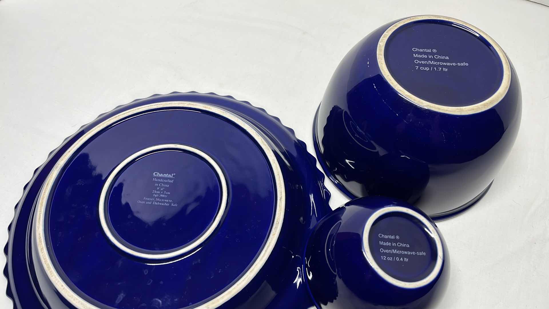 Photo 4 of CHANTAL COBALT BLUE CERAMIC 9” PIE PAN, 12 OZ & 7 CUP MIXING BOWLS