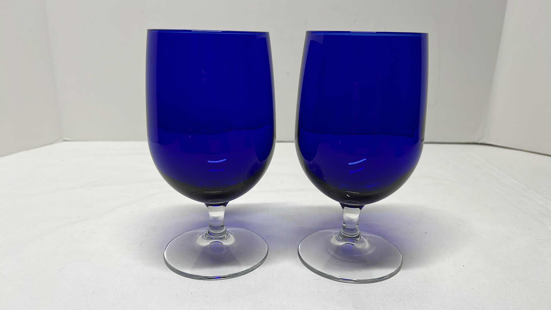 Photo 4 of CLEAR GLASS W COBALT BLUE 10.75” PLATE, 6.5” CUP, 6.25” WINE GLASSES
