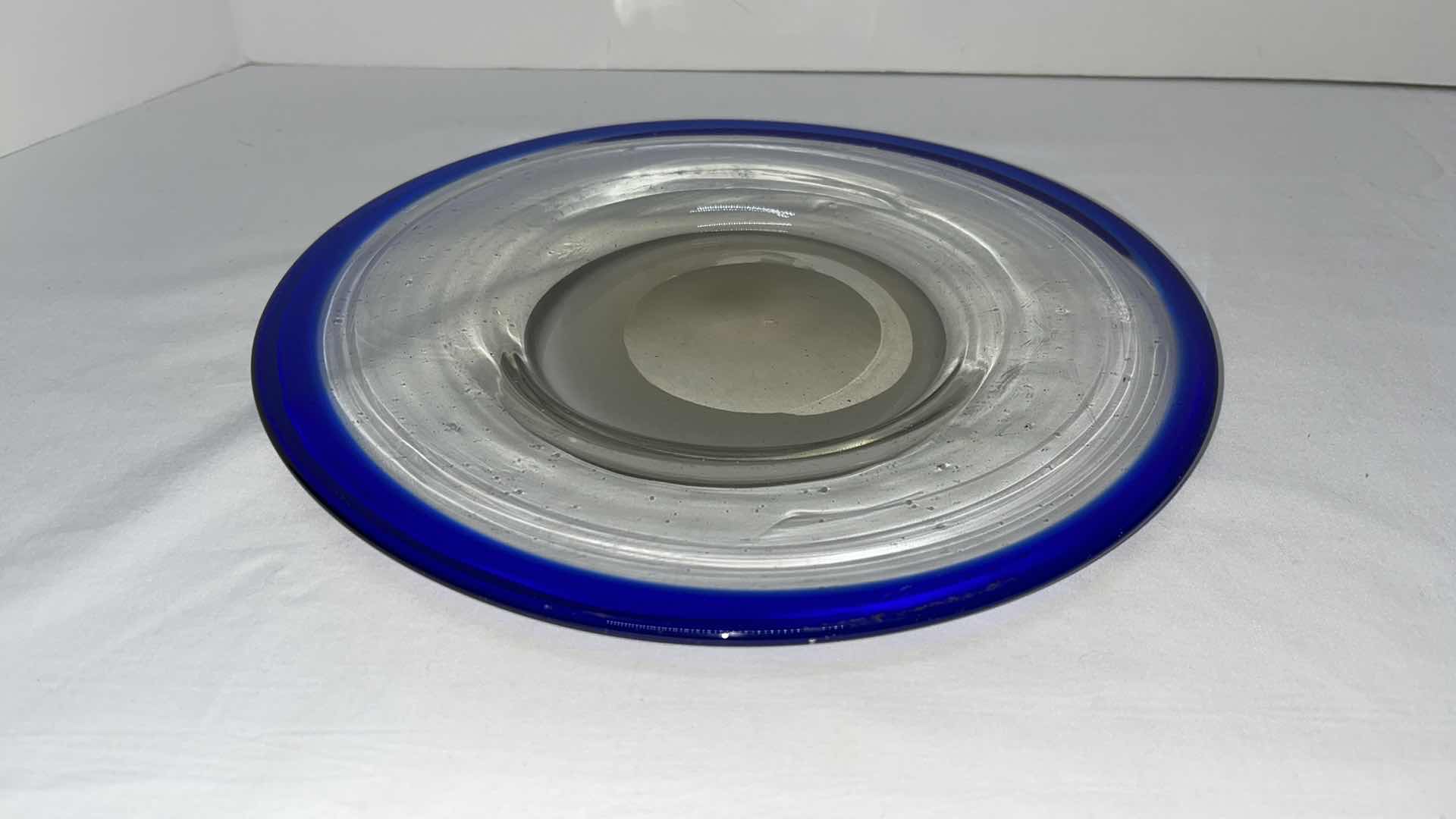 Photo 2 of CLEAR GLASS W COBALT BLUE 10.75” PLATE, 6.5” CUP, 6.25” WINE GLASSES