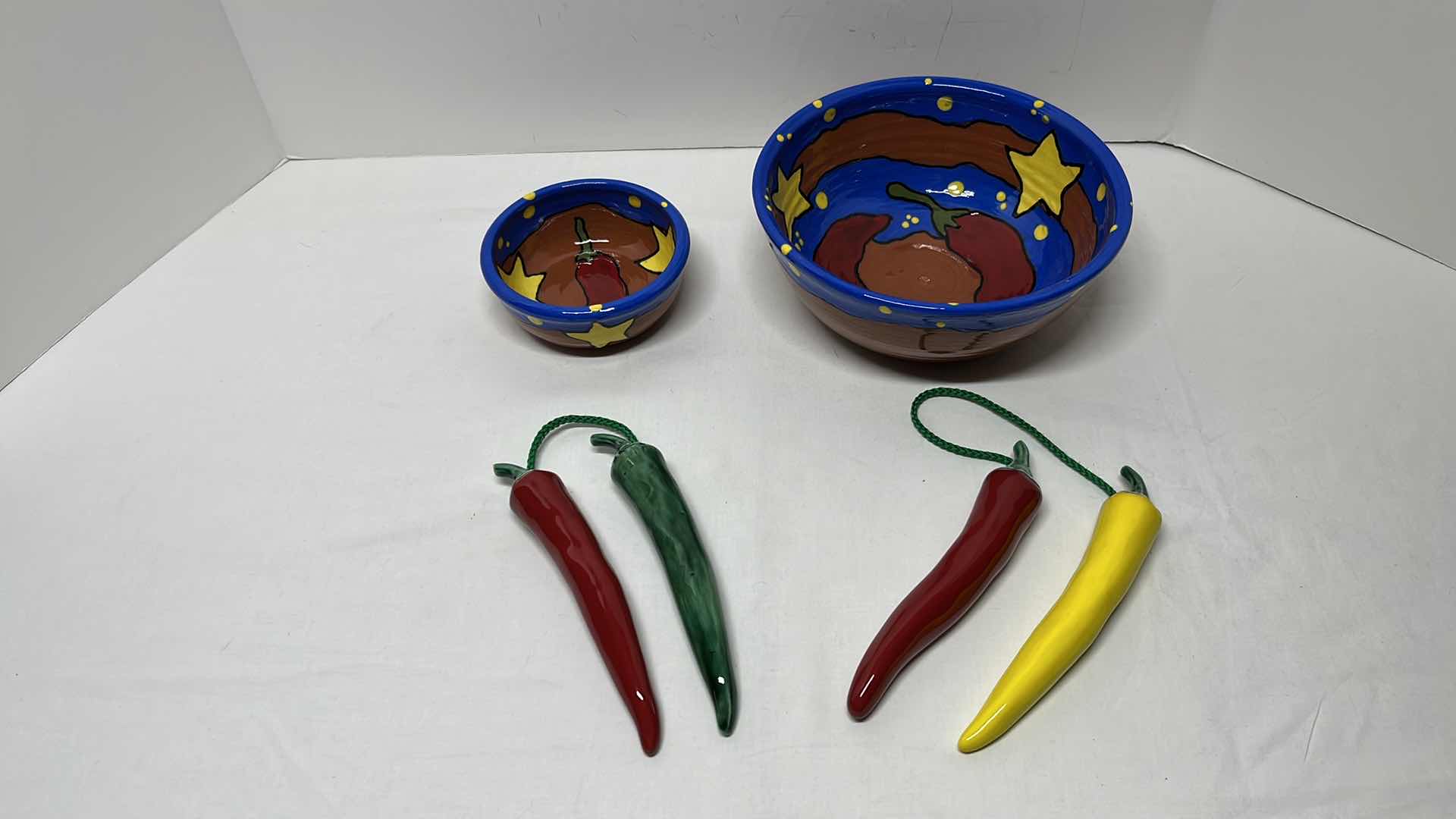 Photo 1 of HAND-PAINTED CERAMIC CHILE PEPPER MIXING BOWLS W CERAMIC HANGING CHILE PEPPERS