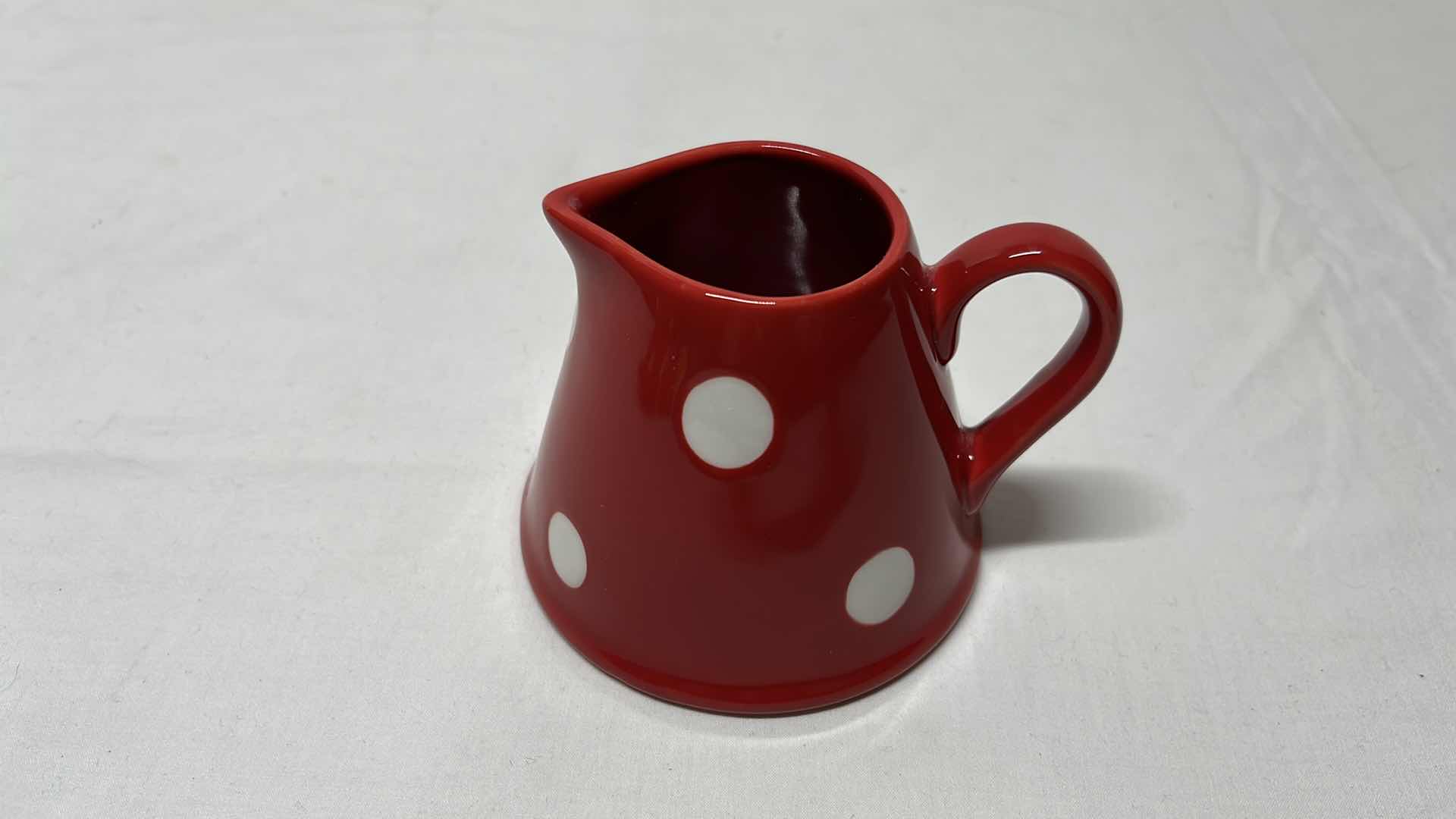 Photo 3 of SUR LA TABLE CERAMIC RED/WHITE POLKA DOTS CREAMER & SUGAR DISHES (3.25”H & 4”H)