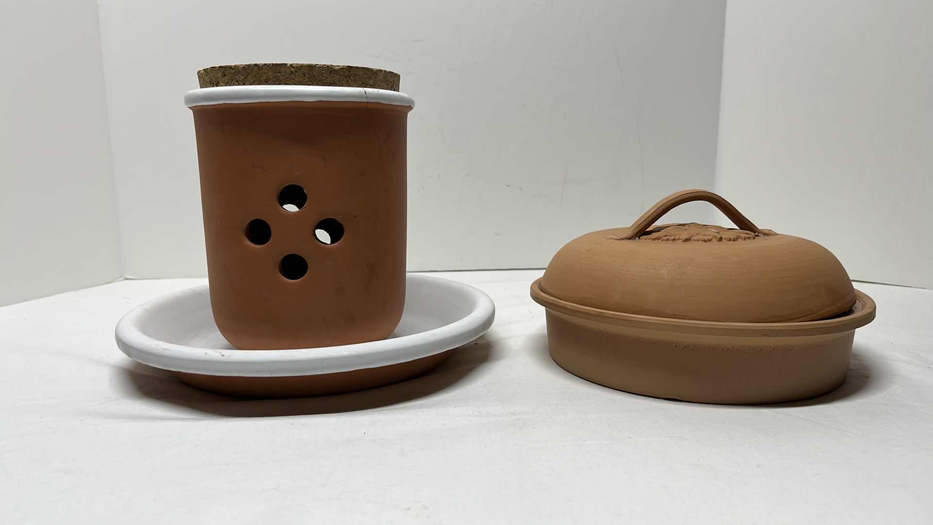 Photo 1 of CLAY TORTILLA WARMER 6.75” & CANDLE HOLDER 6.25”H W DISH