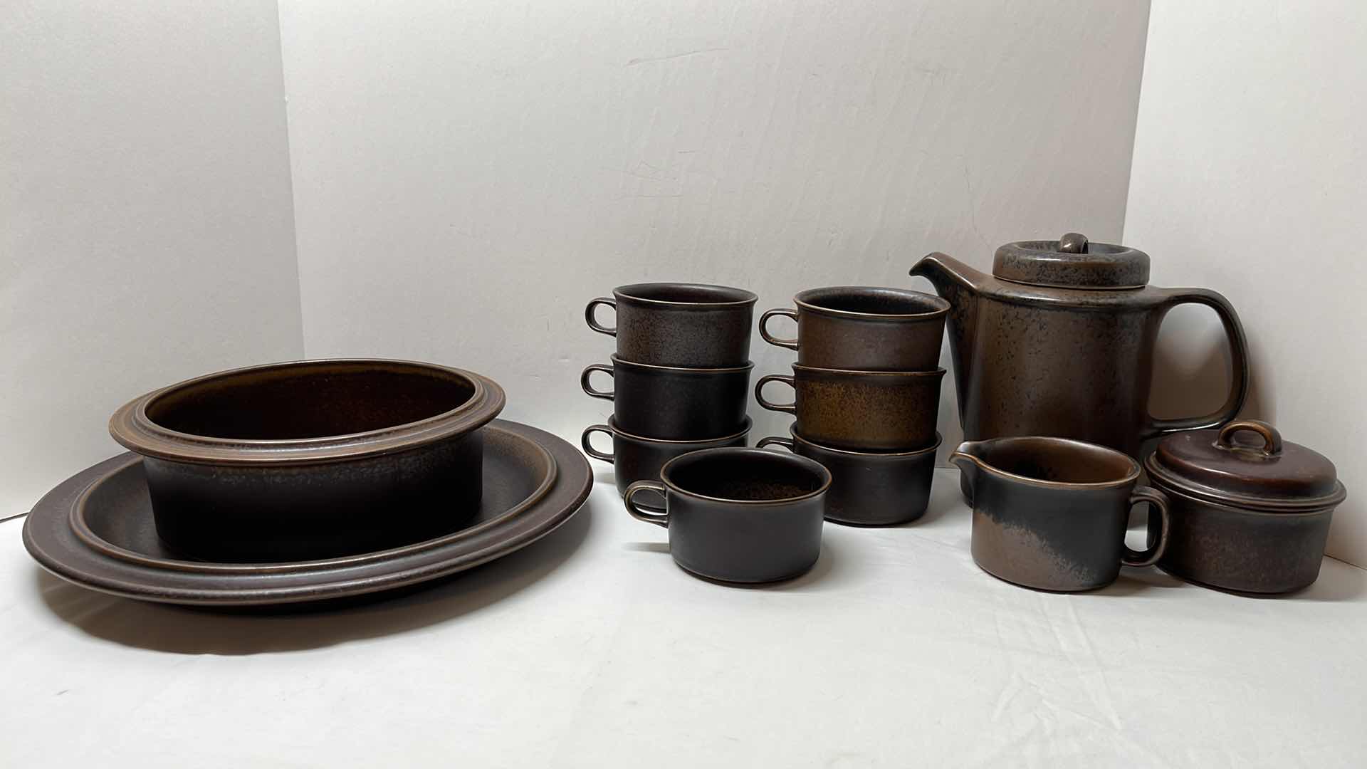 Photo 1 of 12 PC INDUSTRIAL STYLE CERAMIC PLATTER, LRG BOWL, MUGS, PITCHER, CREAMER & SUGAR DISHES