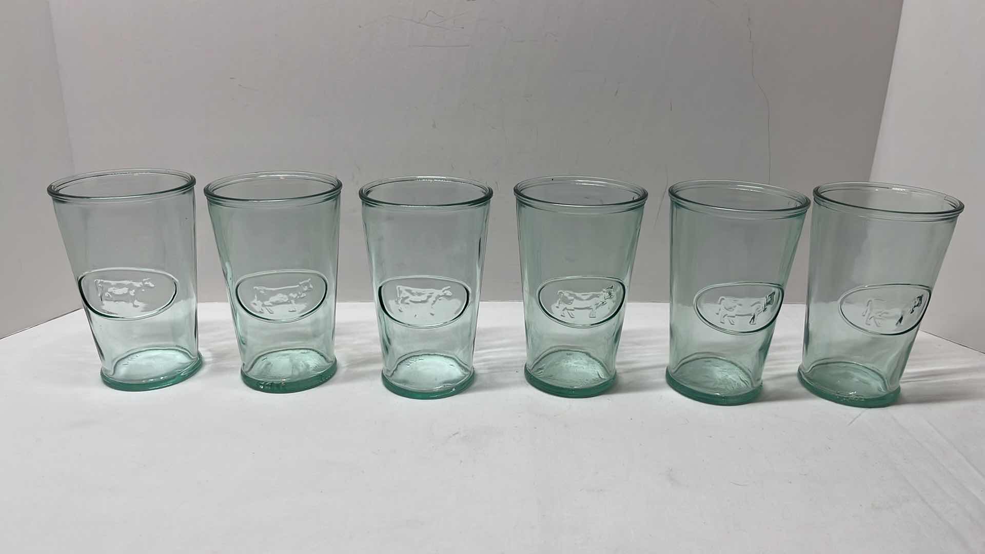Photo 1 of 6 PCS AMICI HOME CLEAR GREEN RECYCLED GLASS COW DESIGN DRINK-WARE, 11 OZ, 5”H