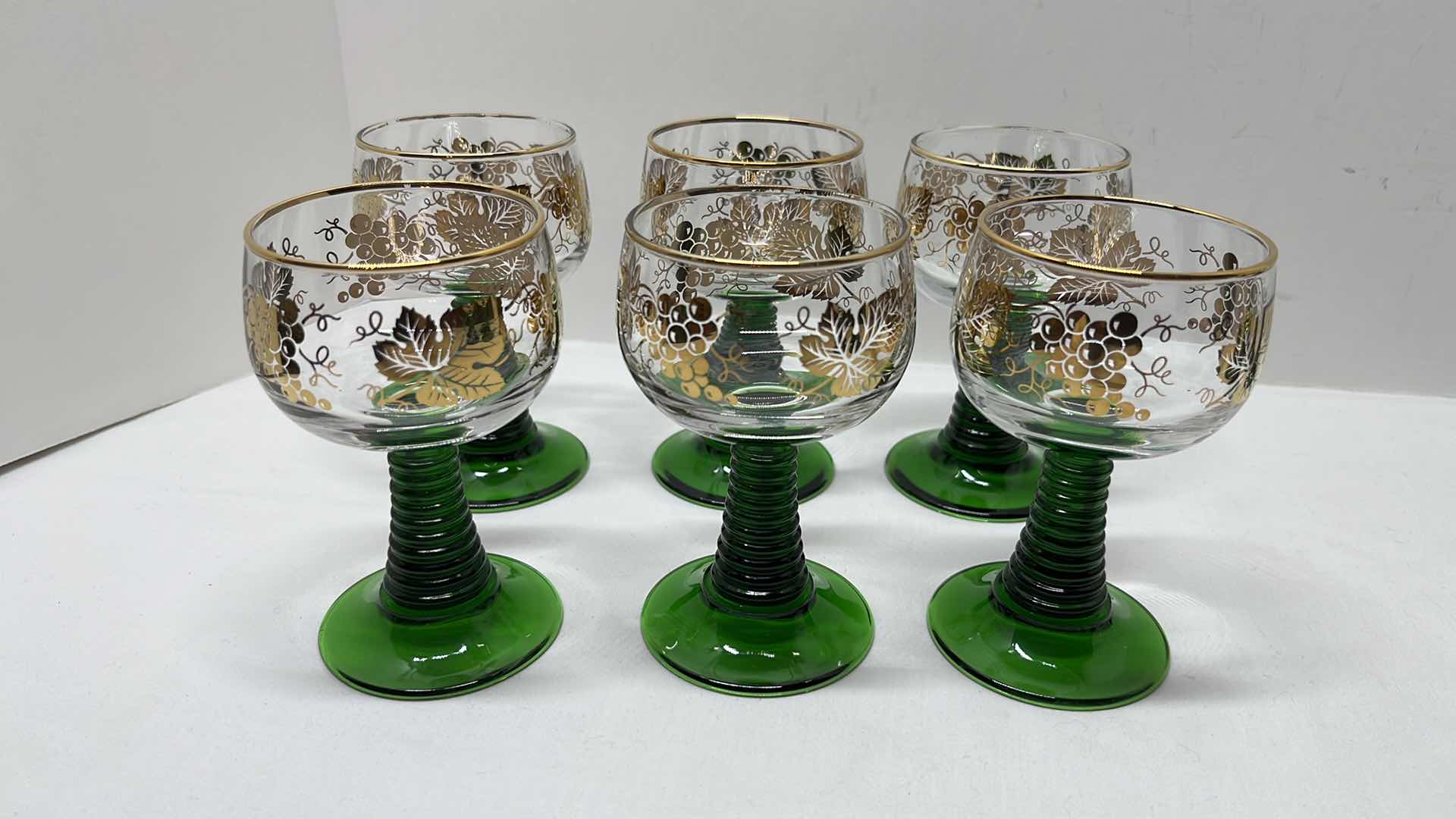 Photo 1 of ROEMER CLEAR GLASS W GOLD LEAVES, GREEN BEEHIVE STEM GLASS GOBLETS, MADE IN GERMANY, SET OF 6 (4.5”H)