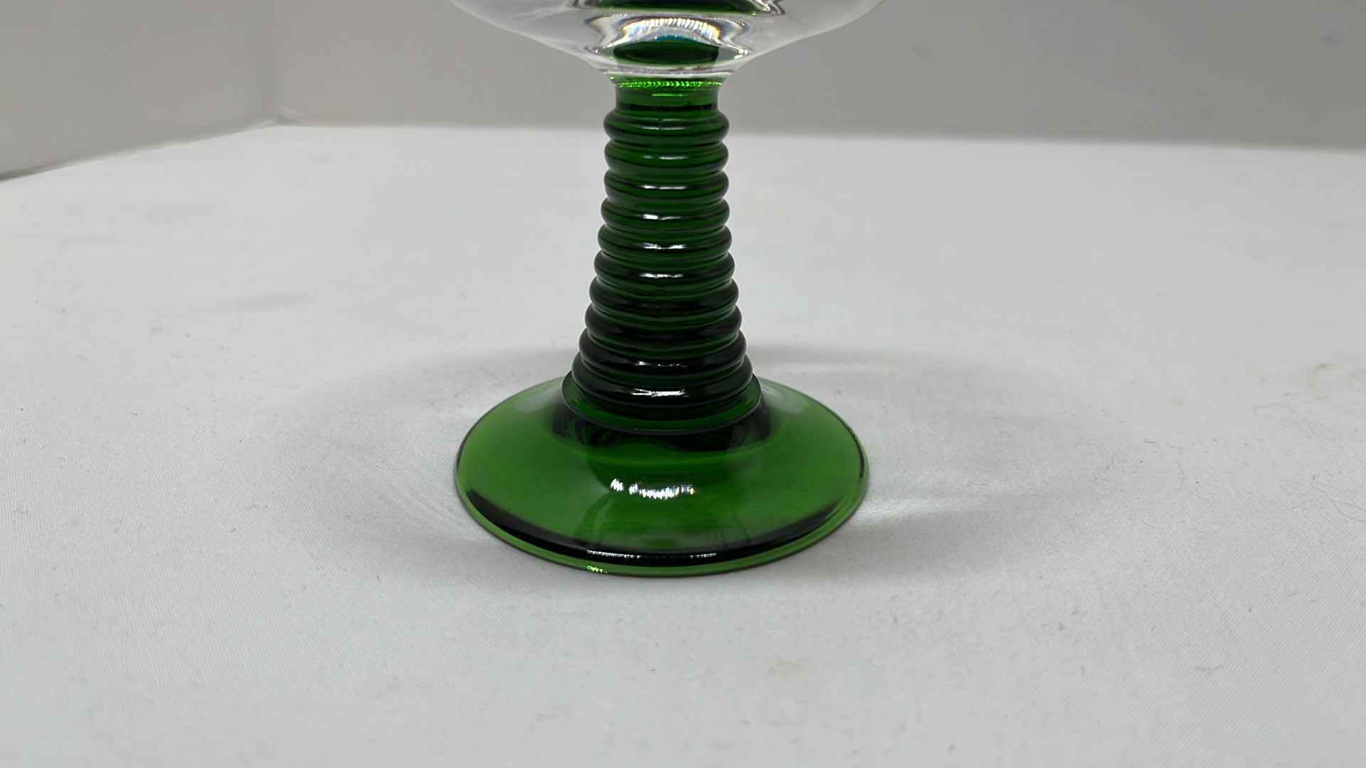 Photo 4 of ROEMER CLEAR GLASS W GOLD LEAVES, GREEN BEEHIVE STEM GLASS GOBLETS, MADE IN GERMANY, SET OF 6 (4.5”H)