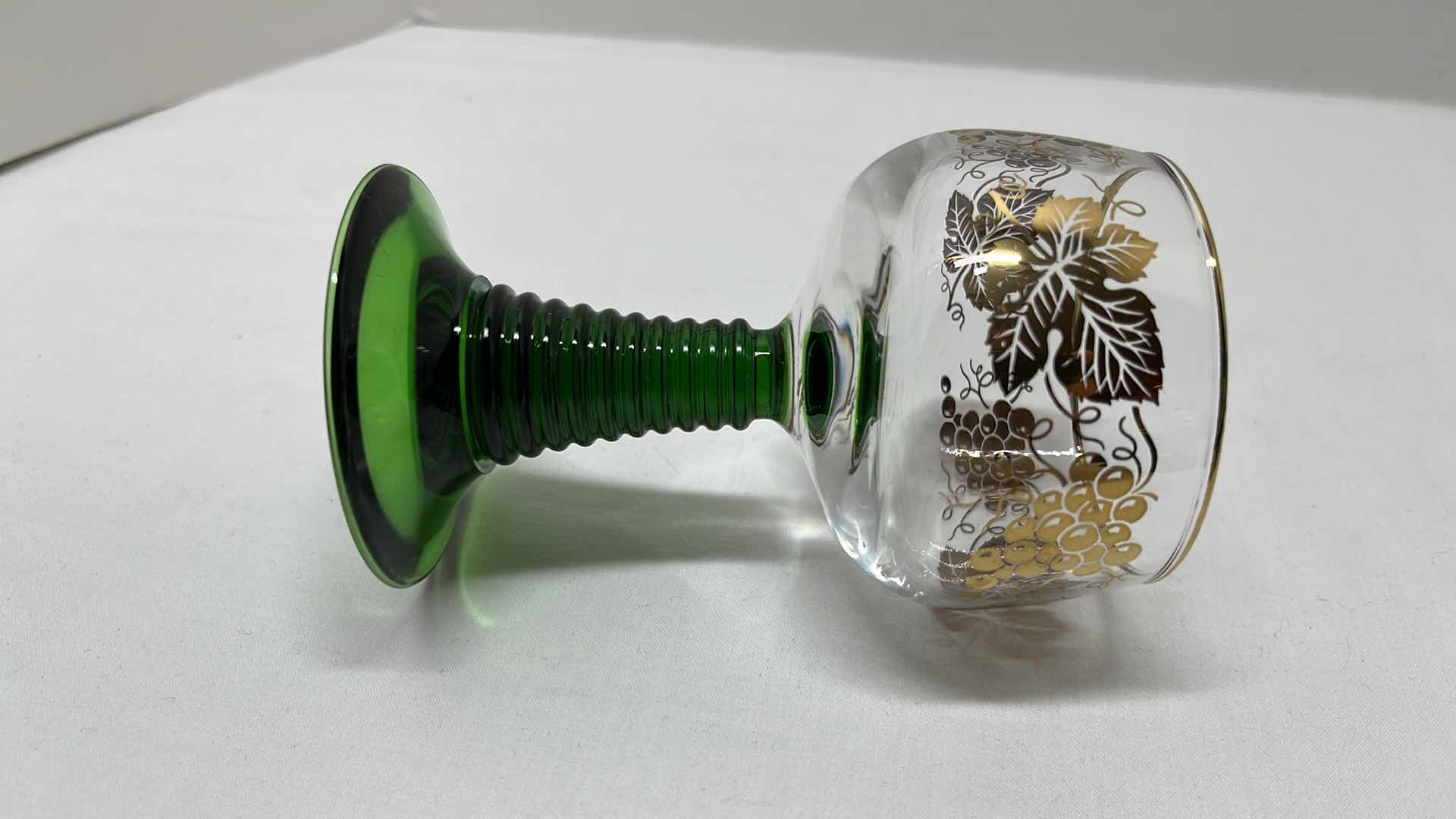 Photo 2 of ROEMER CLEAR GLASS W GOLD LEAVES, GREEN BEEHIVE STEM GLASS GOBLETS, MADE IN GERMANY, SET OF 6 (4.5”H)