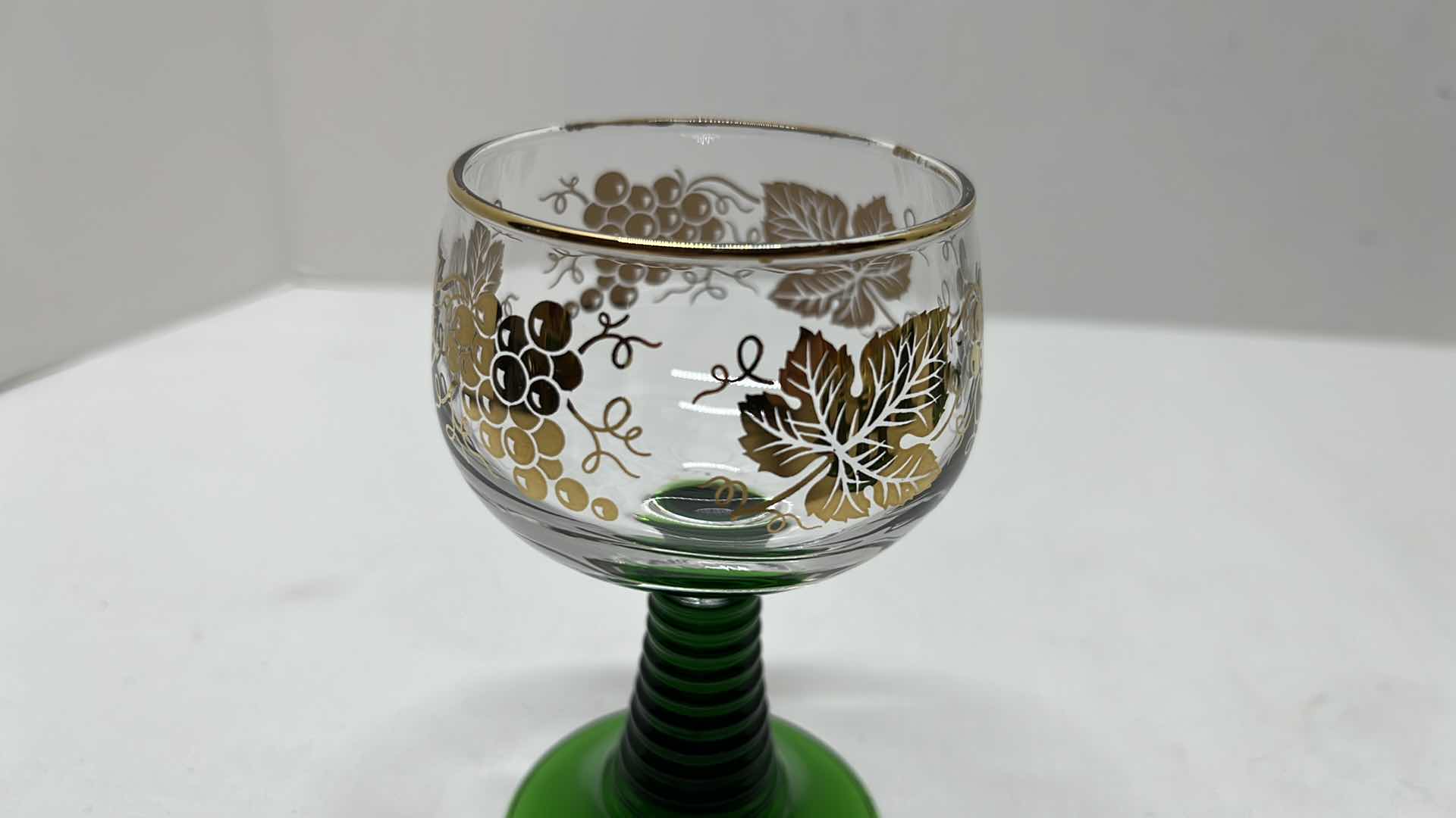 Photo 3 of ROEMER CLEAR GLASS W GOLD LEAVES, GREEN BEEHIVE STEM GLASS GOBLETS, MADE IN GERMANY, SET OF 6 (4.5”H)