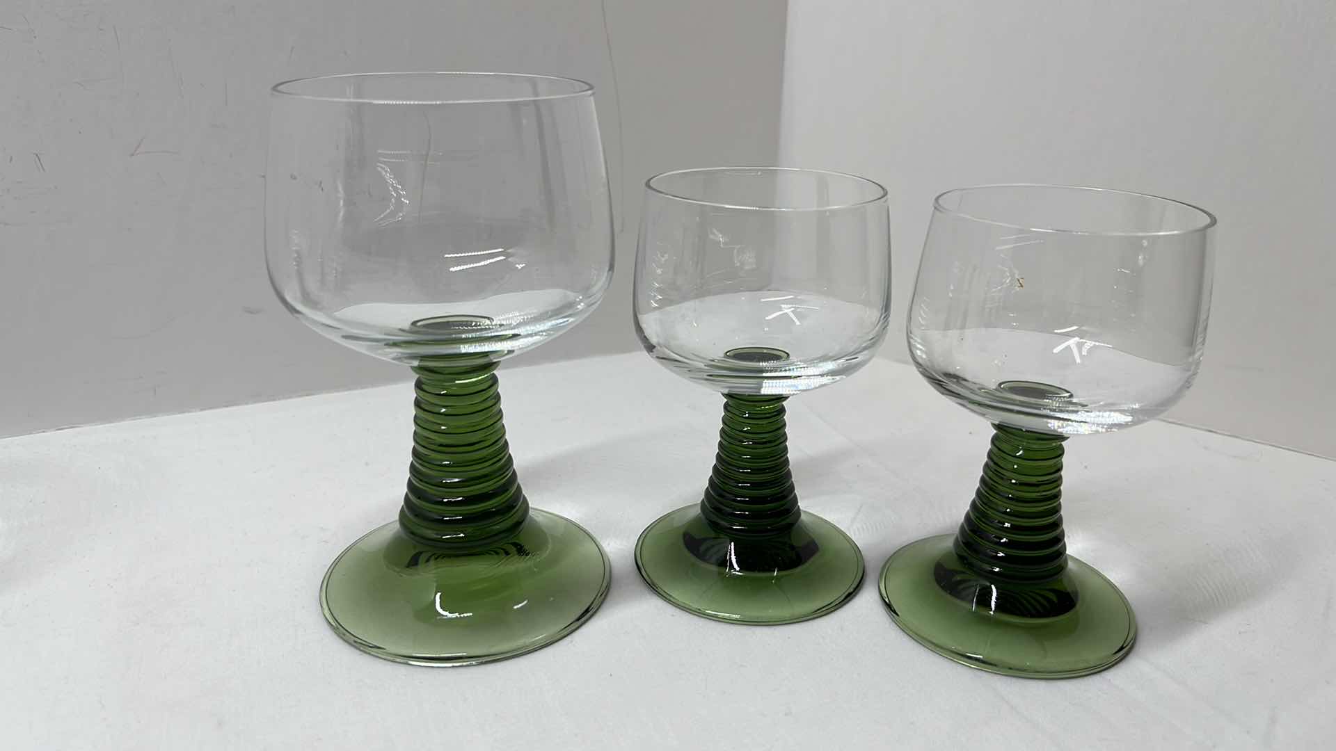 Photo 4 of ROEMER CLEAR GLASS W GREEN BEEHIVE STEM GLASS GOBLETS MADE IN GERMANY 7 PCS