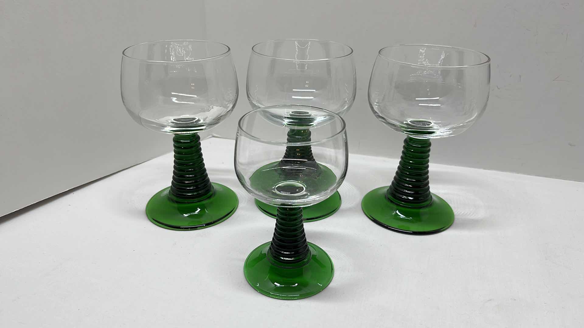 Photo 2 of ROEMER CLEAR GLASS W GREEN BEEHIVE STEM GLASS GOBLETS MADE IN GERMANY 7 PCS