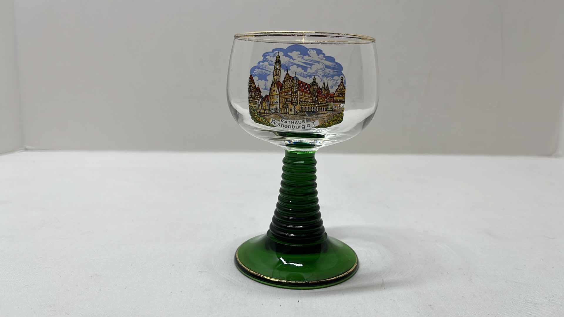 Photo 4 of 2 PC ROEMER SOUVENIR GLASS GOBLETS W GOLD ACCENT RIM & GREEN BEEHIVE STEM, WEST GERMANY 4.5”H