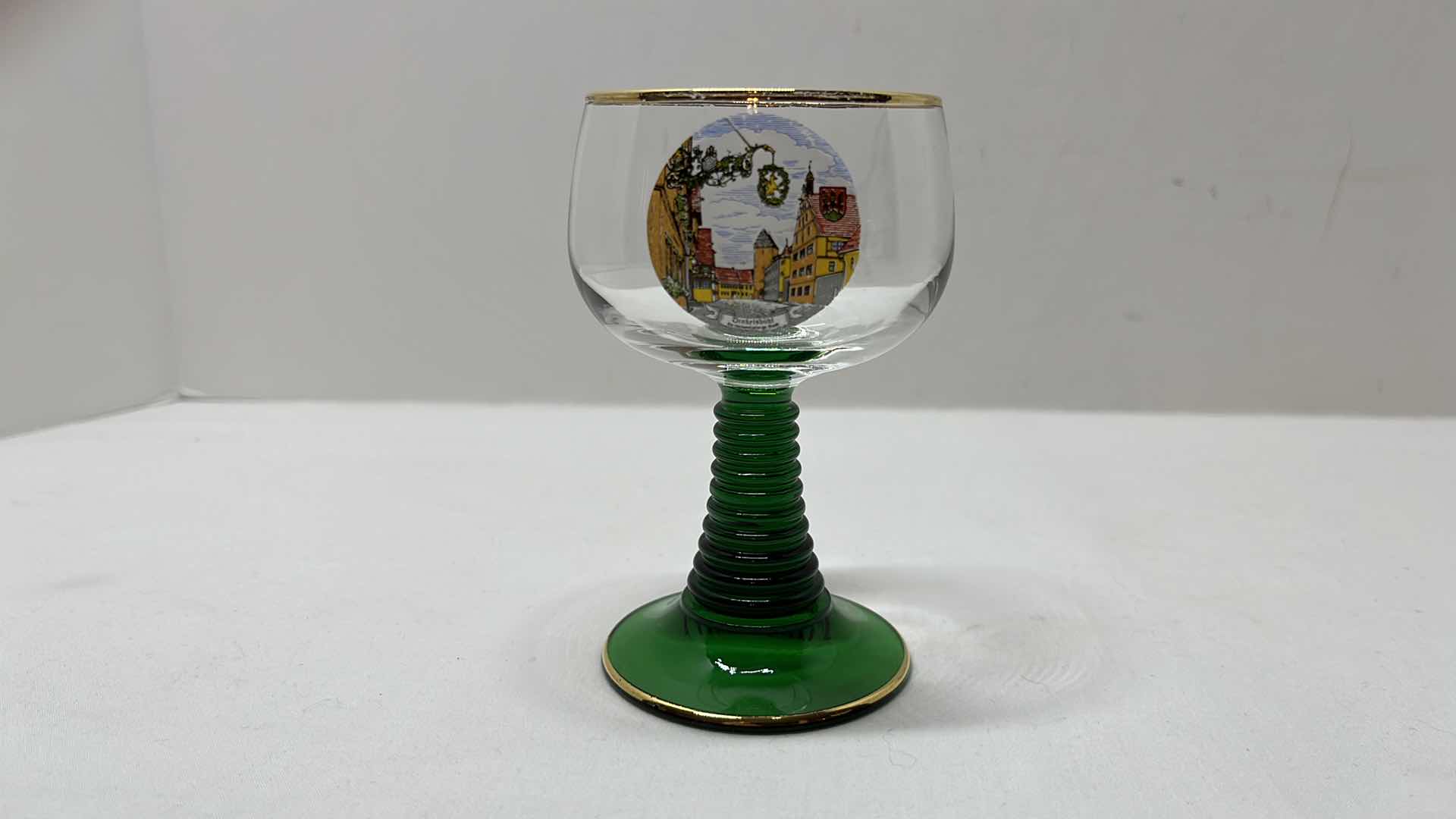 Photo 2 of 2 PC ROEMER SOUVENIR GLASS GOBLETS W GOLD ACCENT RIM & GREEN BEEHIVE STEM, WEST GERMANY 4.5”H