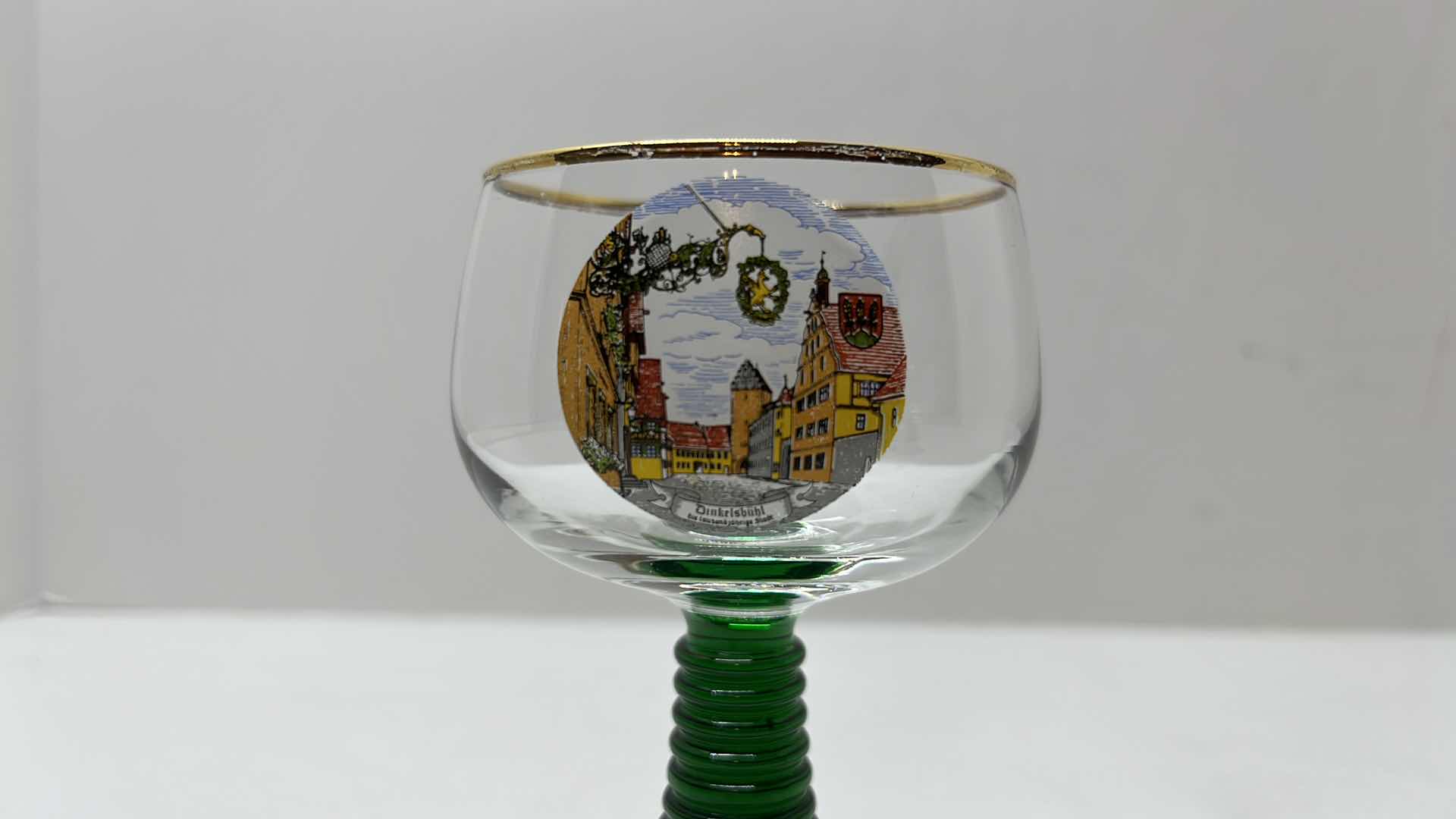 Photo 3 of 2 PC ROEMER SOUVENIR GLASS GOBLETS W GOLD ACCENT RIM & GREEN BEEHIVE STEM, WEST GERMANY 4.5”H