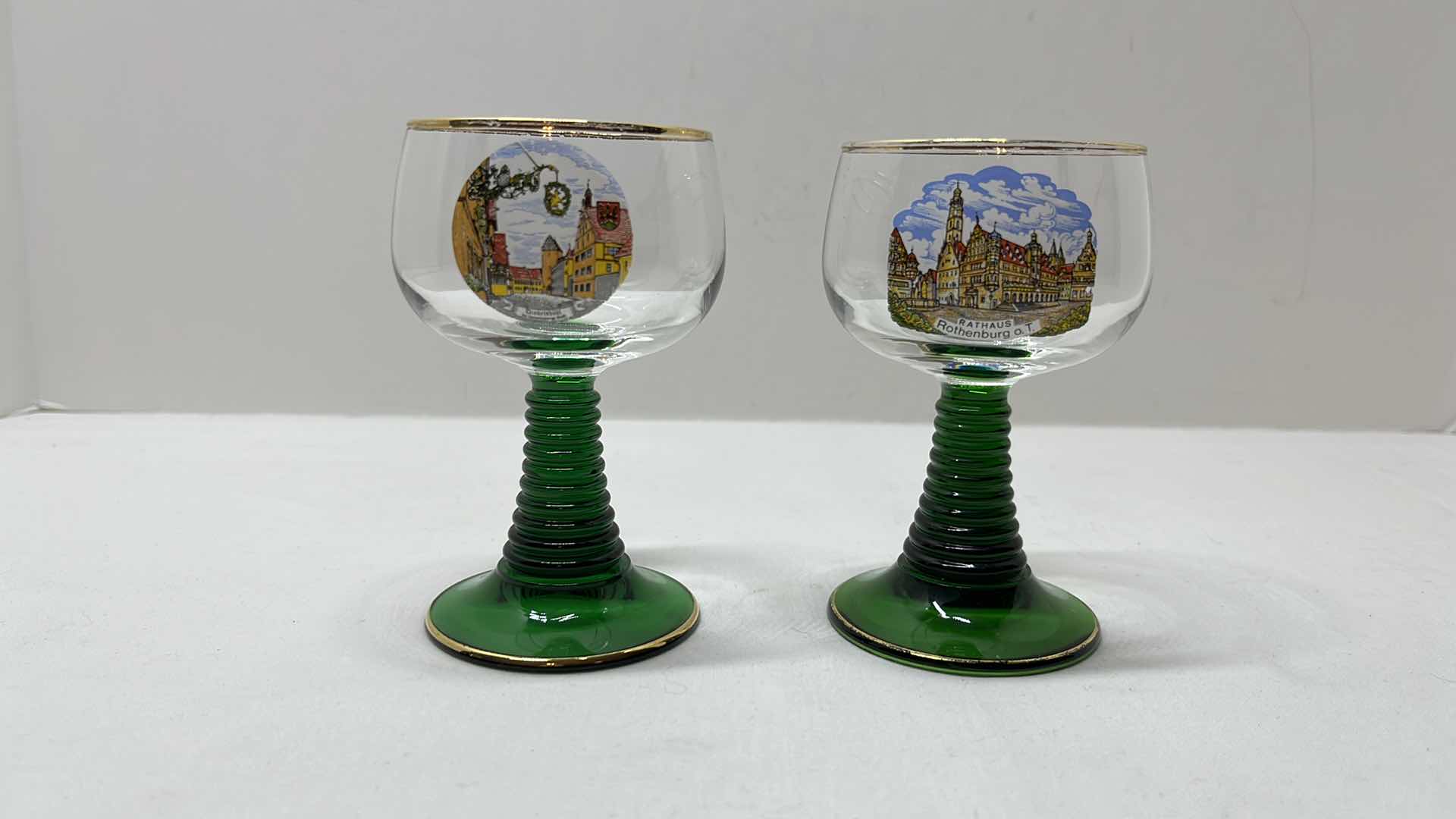 Photo 1 of 2 PC ROEMER SOUVENIR GLASS GOBLETS W GOLD ACCENT RIM & GREEN BEEHIVE STEM, WEST GERMANY 4.5”H