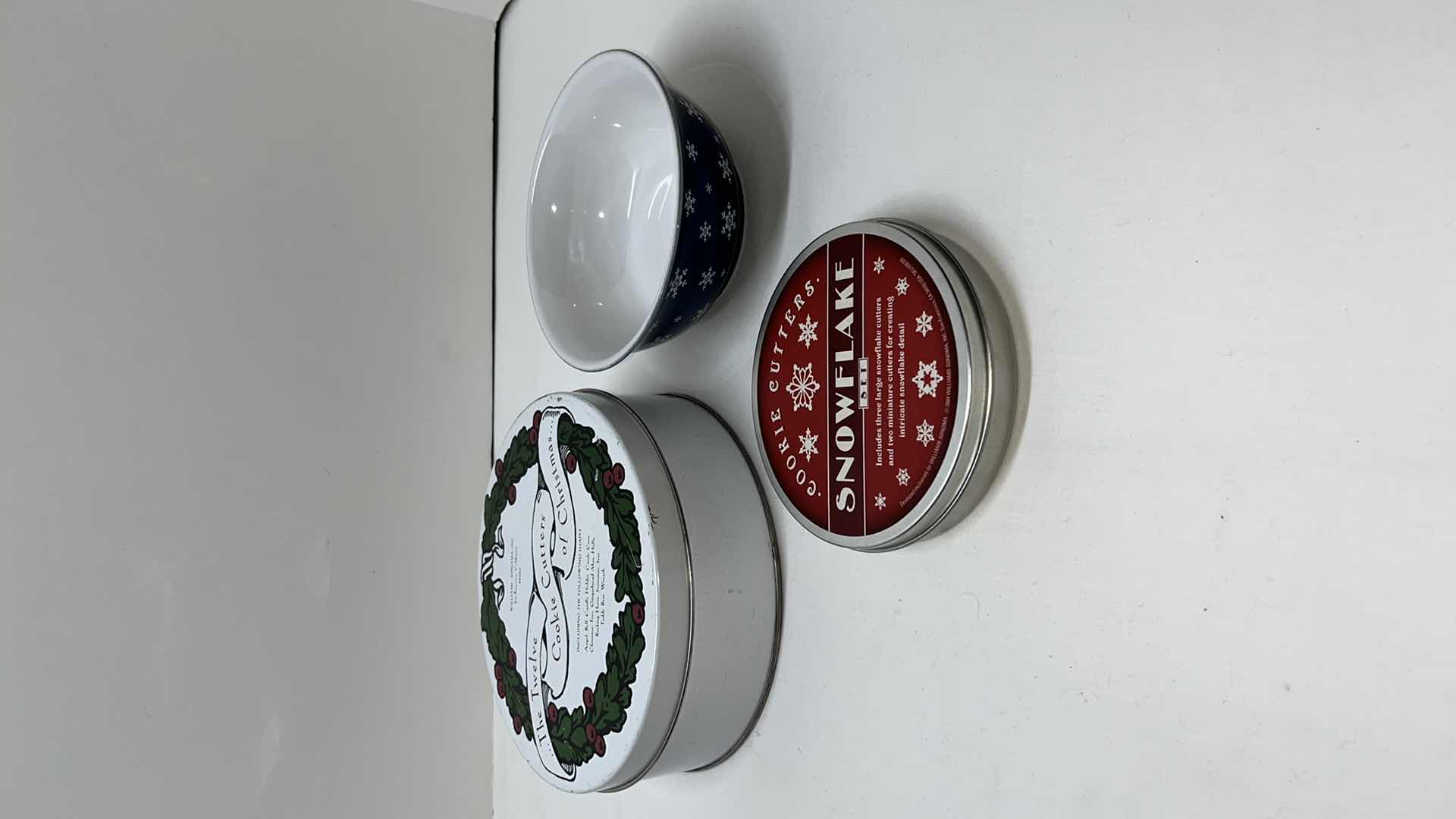 Photo 1 of WILLIAMS-SONOMA CHRISTMAS COOKIE CUTTERS (TIN W 12 SHAPES), WILLIAMS-SONOMA SNOWFLAKE COOKIE CUTTER SET (TIN W 5 CUTTERS) & PAPEL GIFTWARE SNOWFALL COBALT BLUE CERAMIC BOWL W SNOWFLAKES (5.75”)