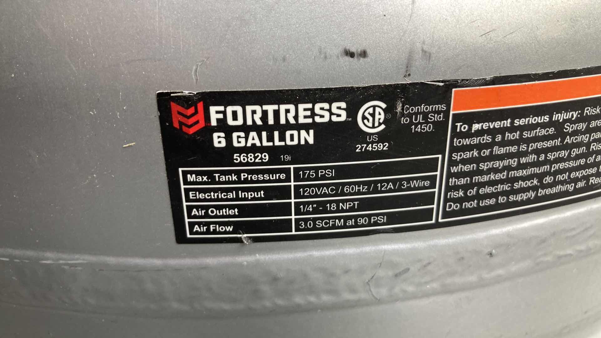 Photo 5 of FORTRESS 175PSI HIGH PERFORMANCE AIR COMPRESSOR 6GAL MODEL 56829