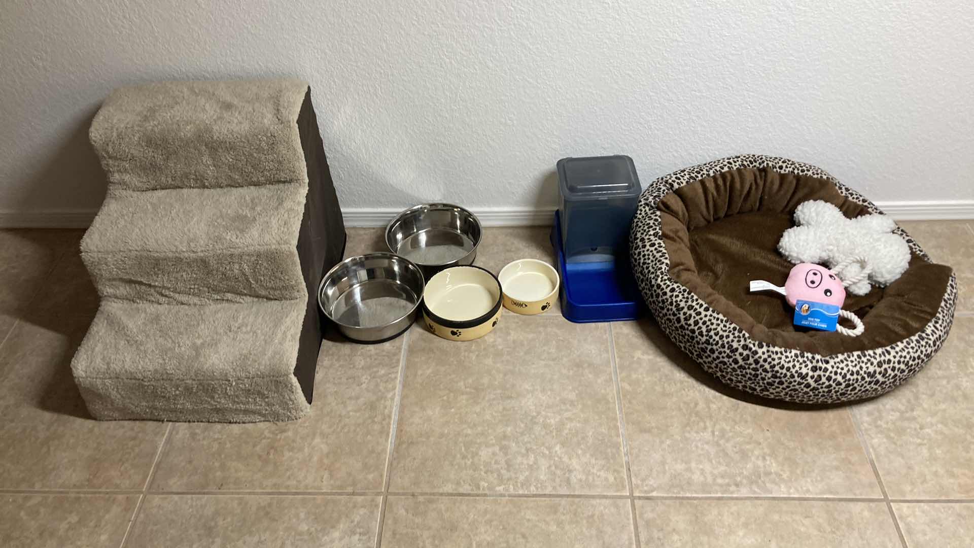 Photo 1 of PET SUPPLIES- STAIRS, BOWLS, SM PET BED & TOYS