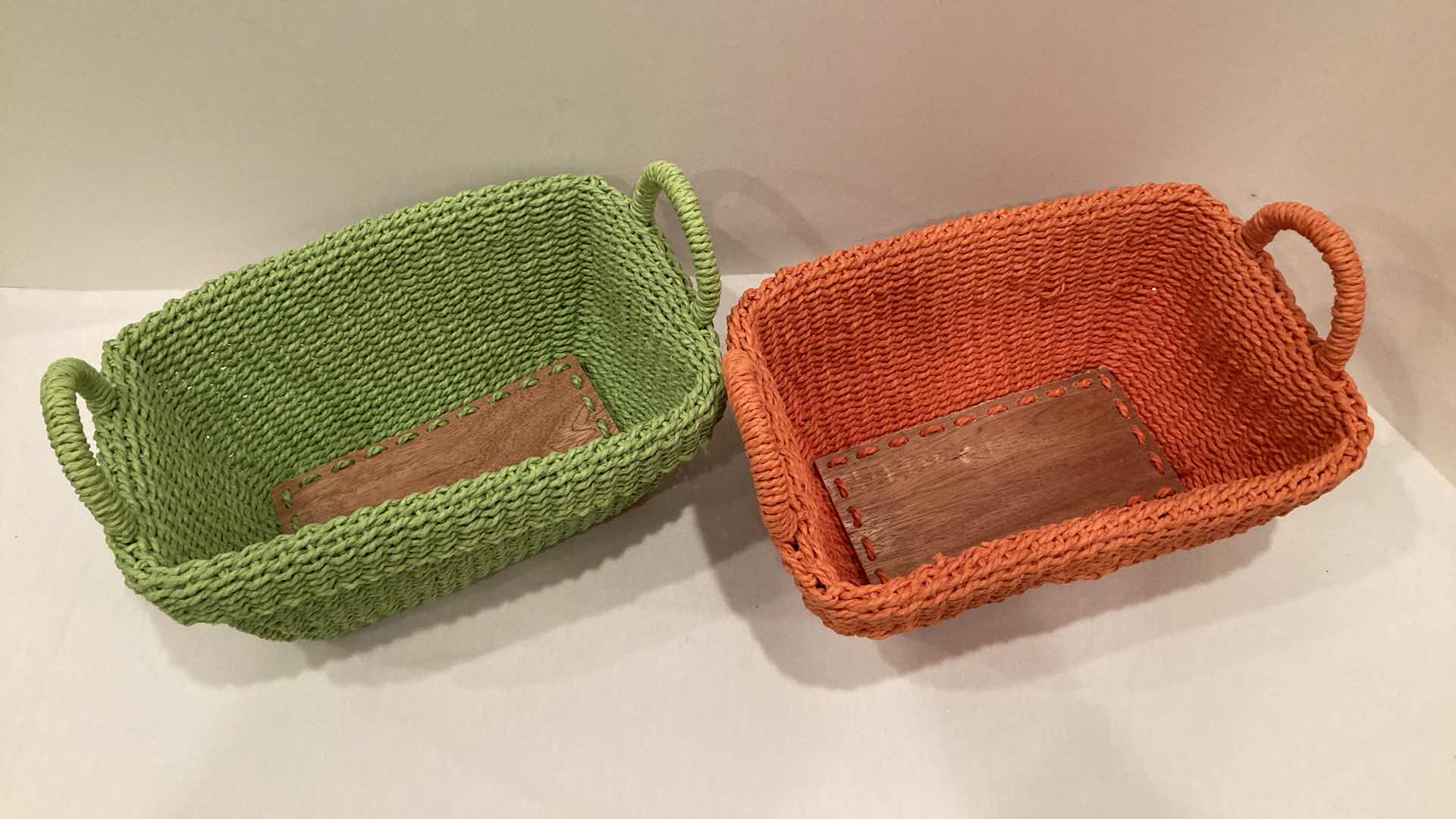 Photo 3 of WOVEN CLOTH GREEN & PINK BASKETS (2) 13” X 10” H6”