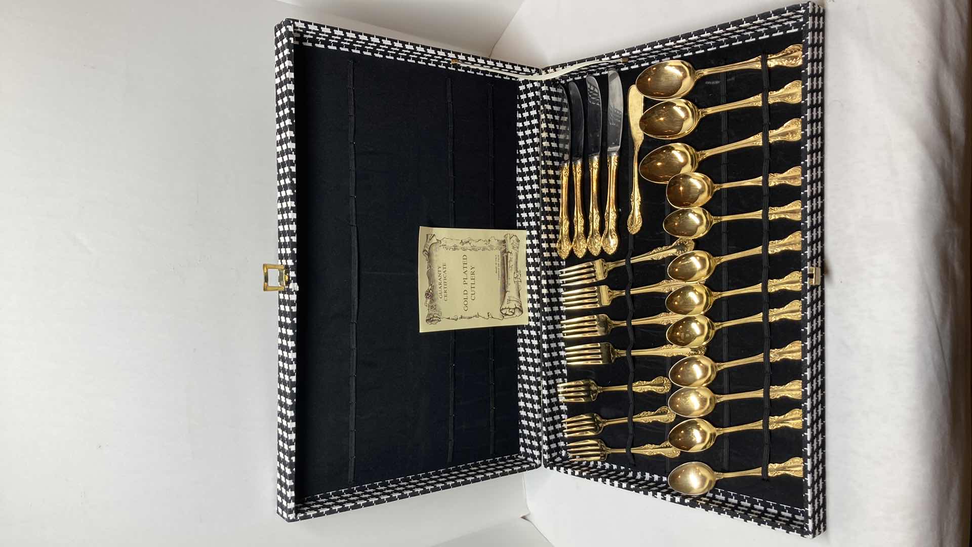 Photo 1 of SCC JAPANESE GOLD FINISH STAINLESS STEEL FLATWARE (24PC) W CASE