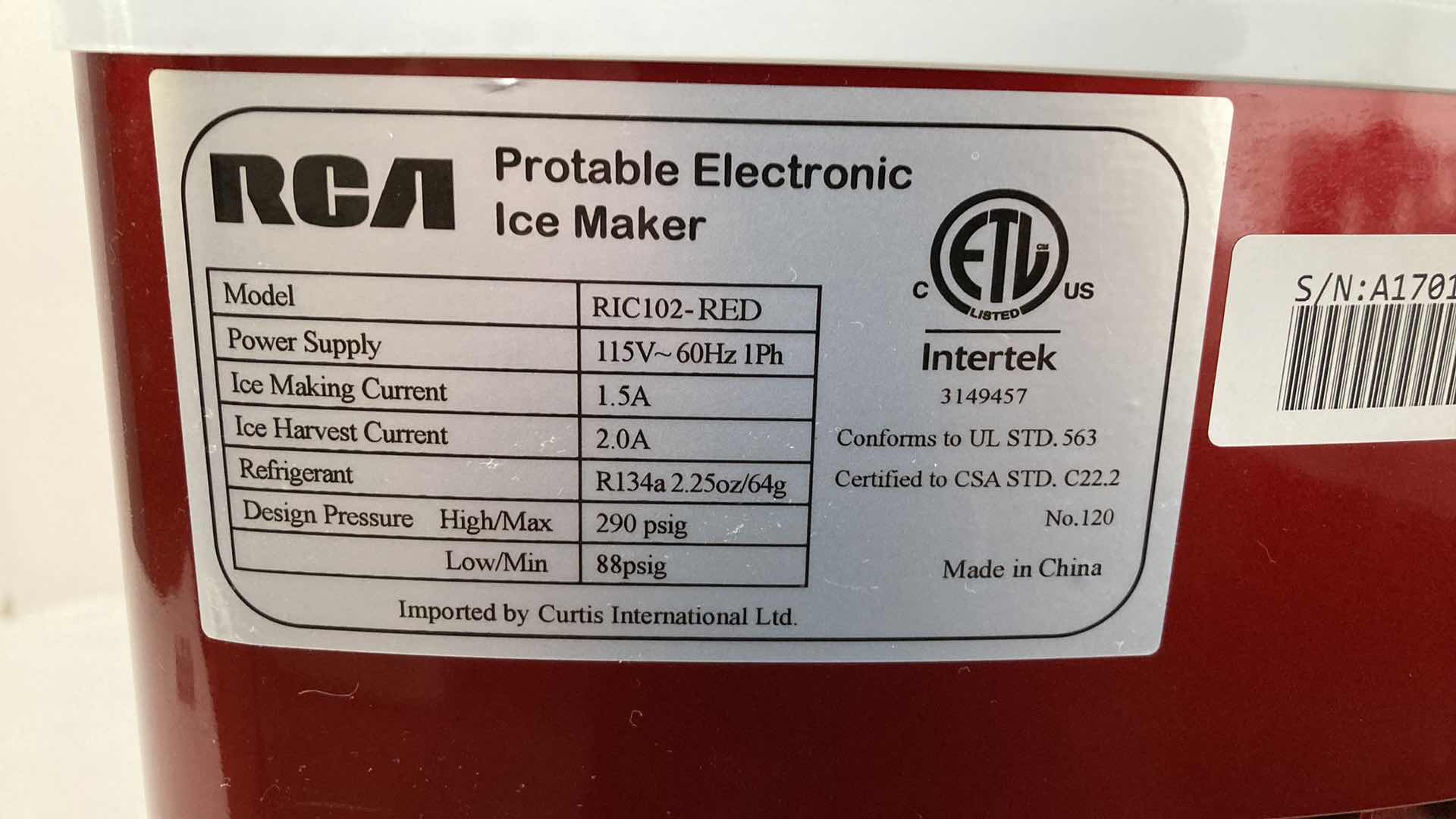 Photo 7 of RCA PORTABLE ICE MAKER MODEL RIC102-RED