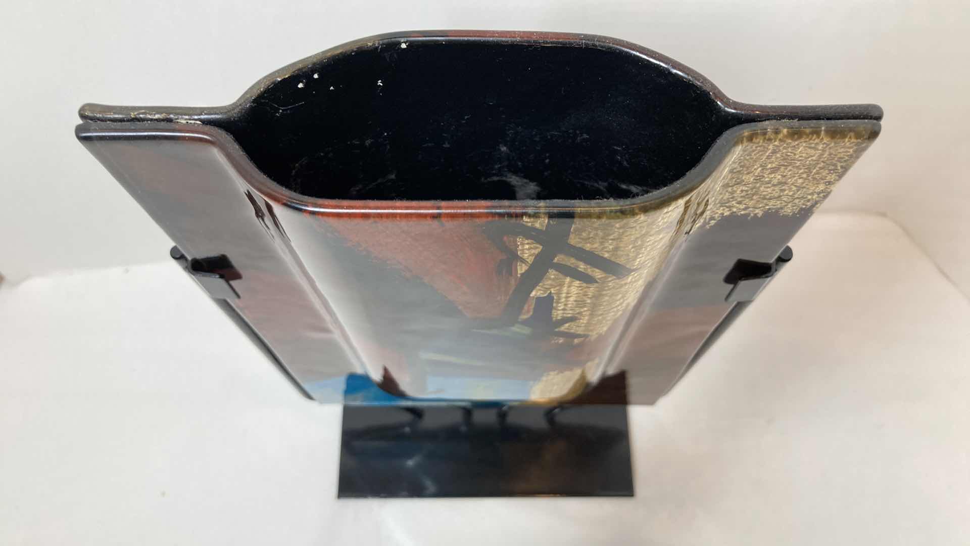 Photo 5 of JASMINE ART GLASS RECTANGULAR VASE W BLACK METAL STAND 8” X 4” H14”